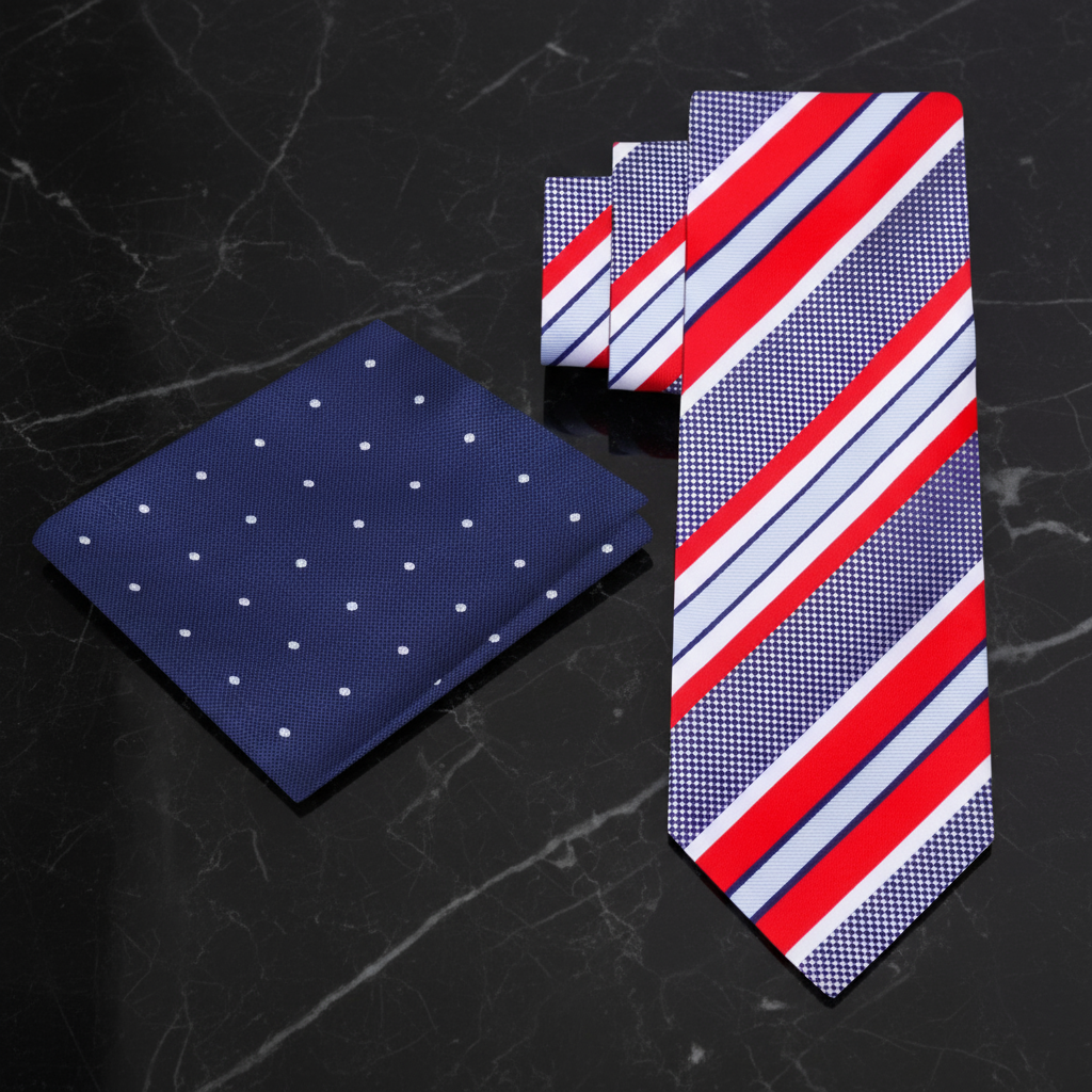 Navy pocket square with white polka dots and a red, white, and blue striped tie on a white background