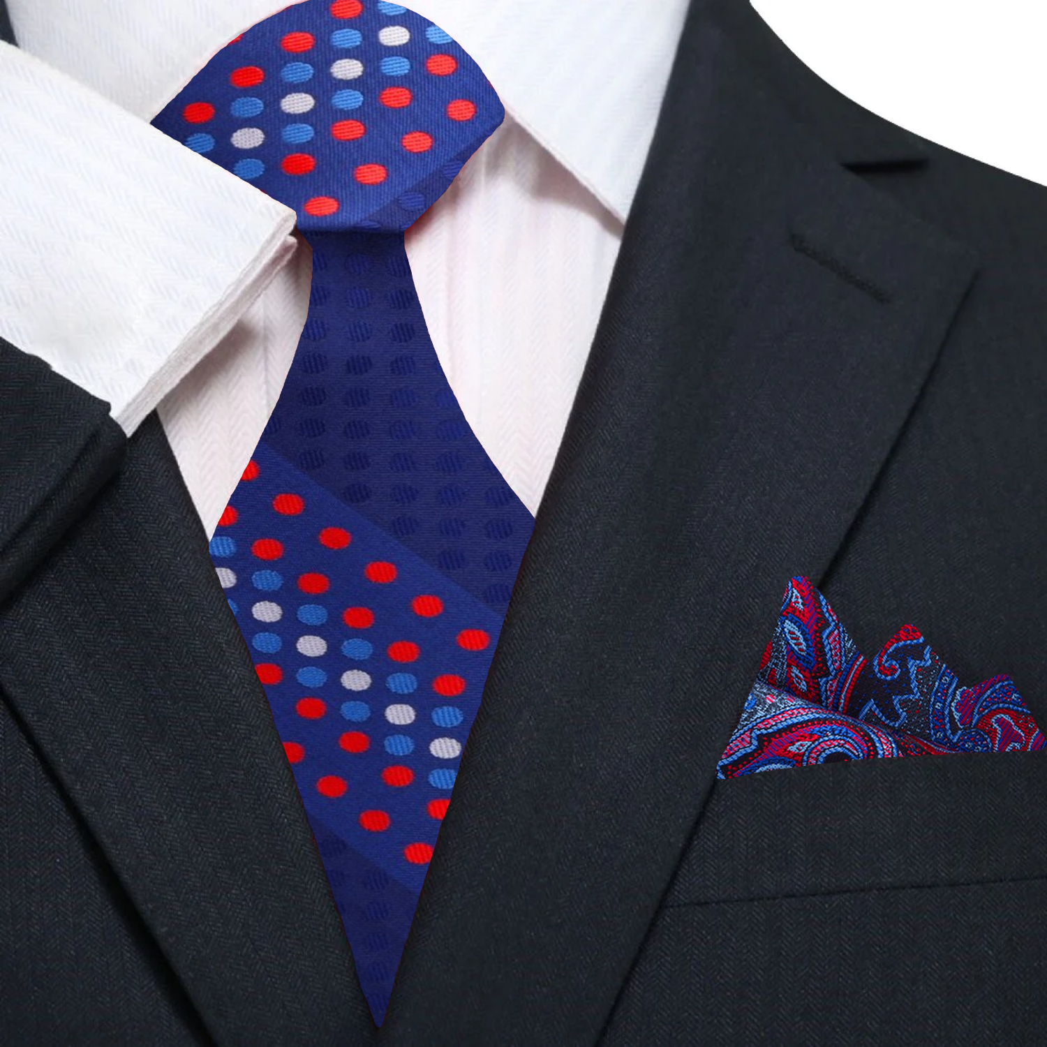 Primary Blue with Red and White Polka Tie and Accenting Square