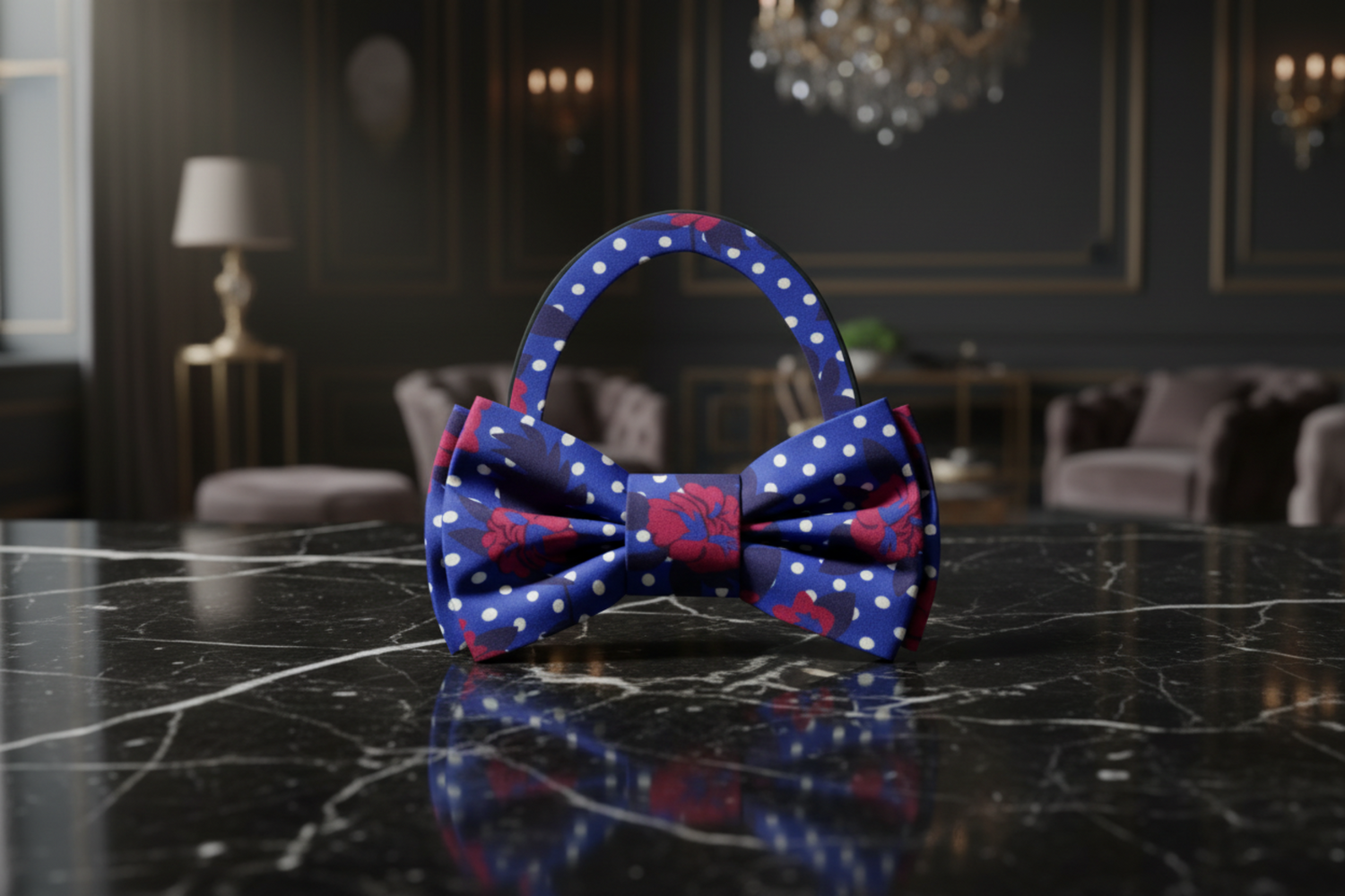 Blue Red White Floral and Polka Bow Tie Pre Tied