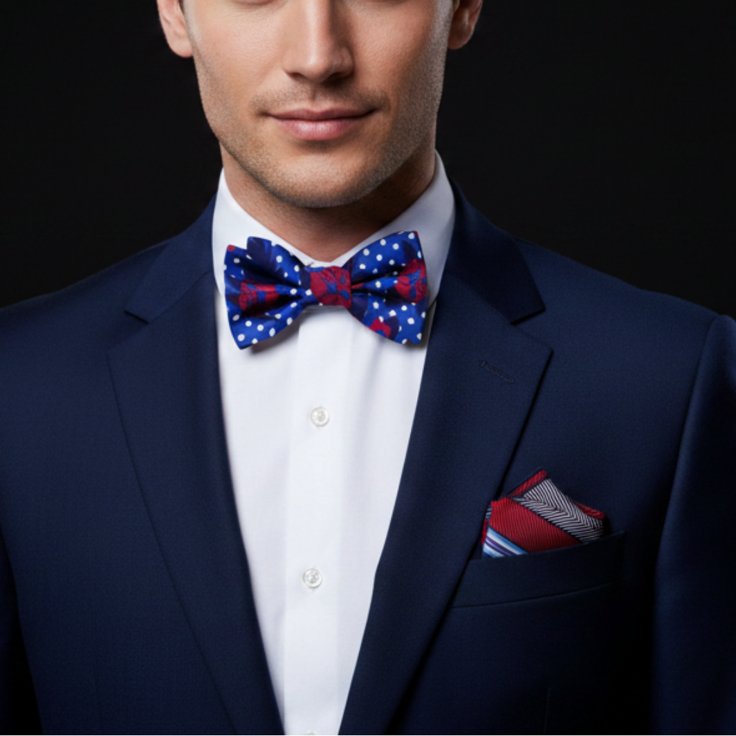 Man wearing a navy suit with a red and blue polka dot bow tie and matching pocket square.