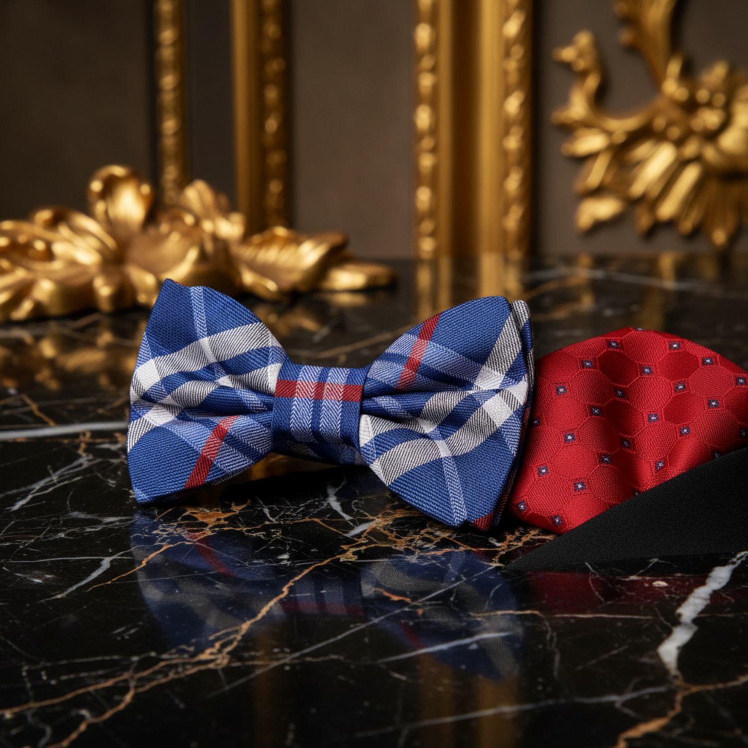 Blue, white and Red Plaid Bow Tie and Red Geometric Square