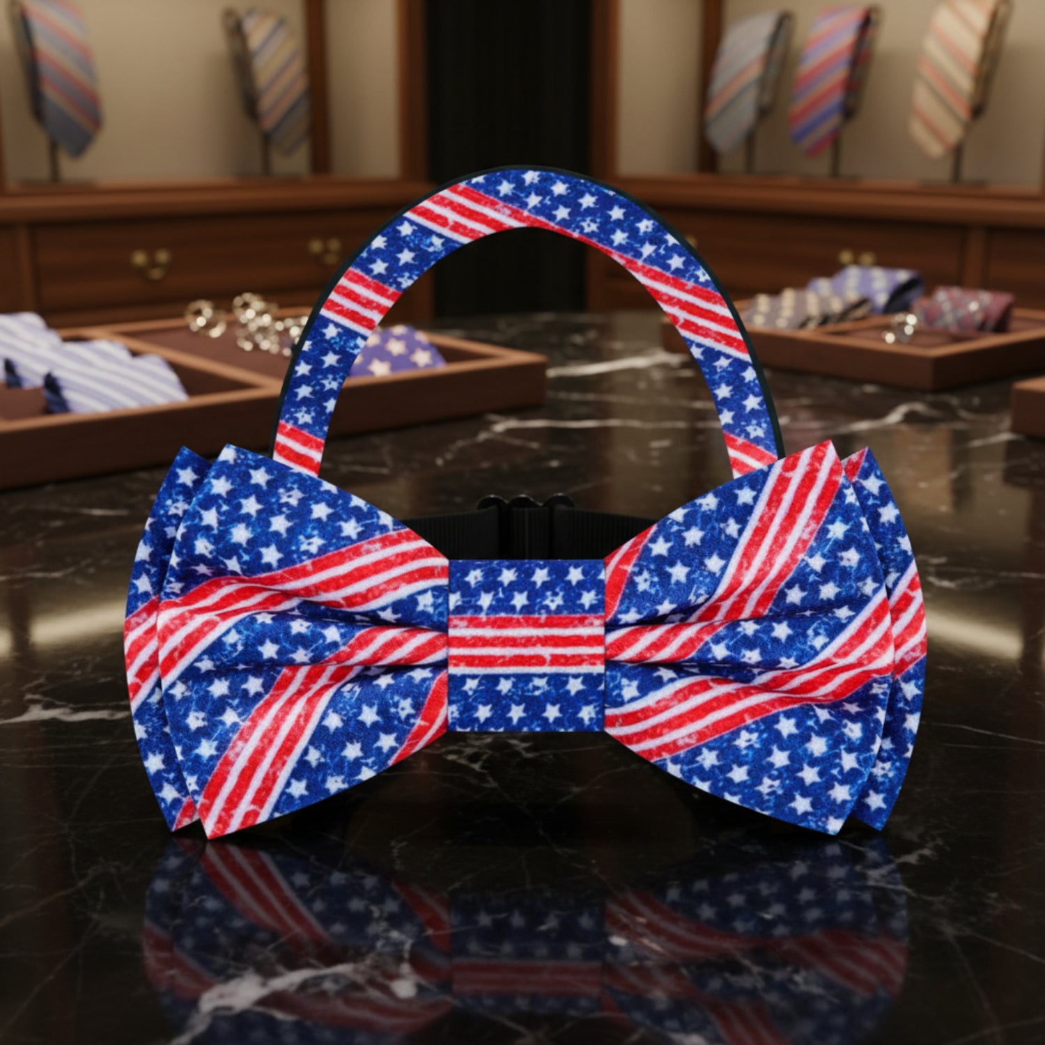 Blue, Red, White Stars and Stripes Bow Tie Pre Tied