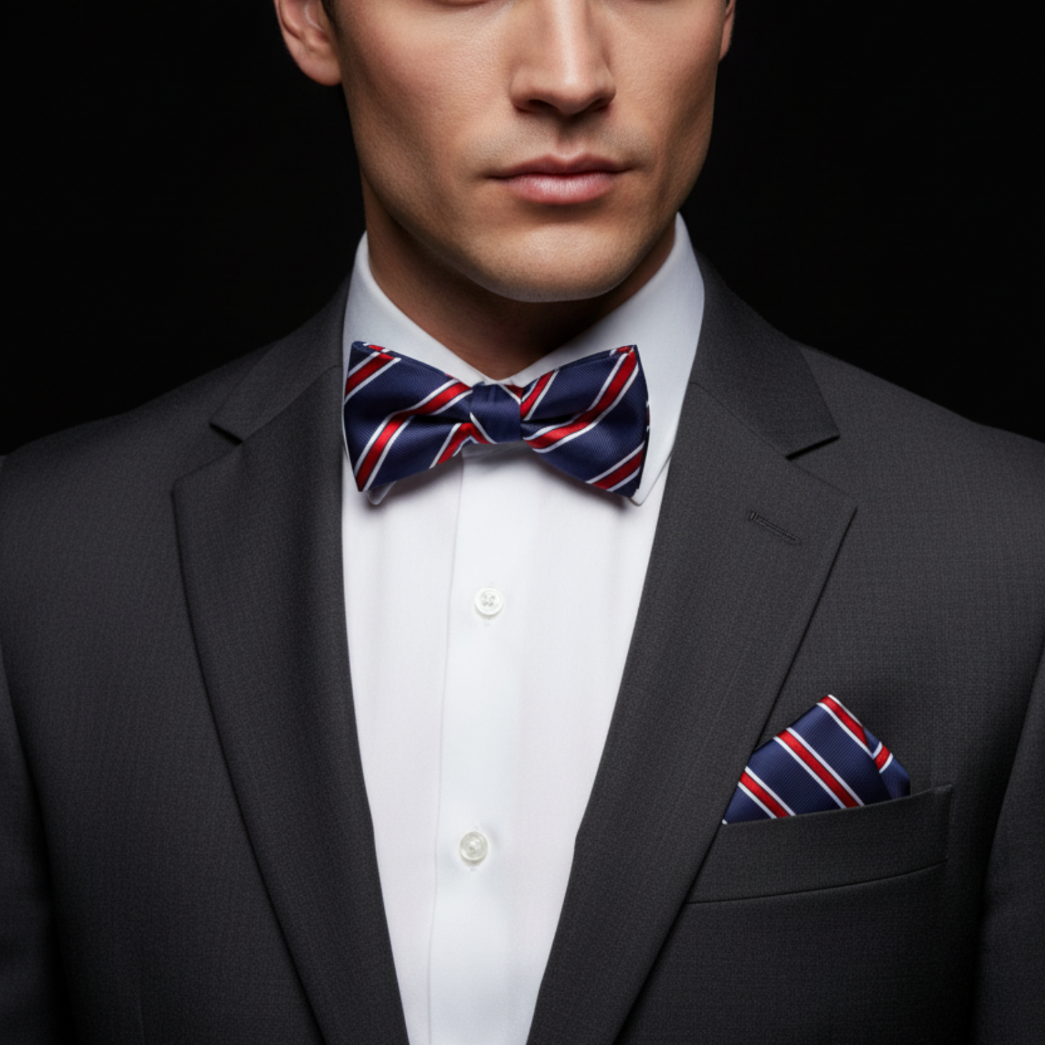 Striped Self Tie Bow Tie Collection with Pocket Square Option