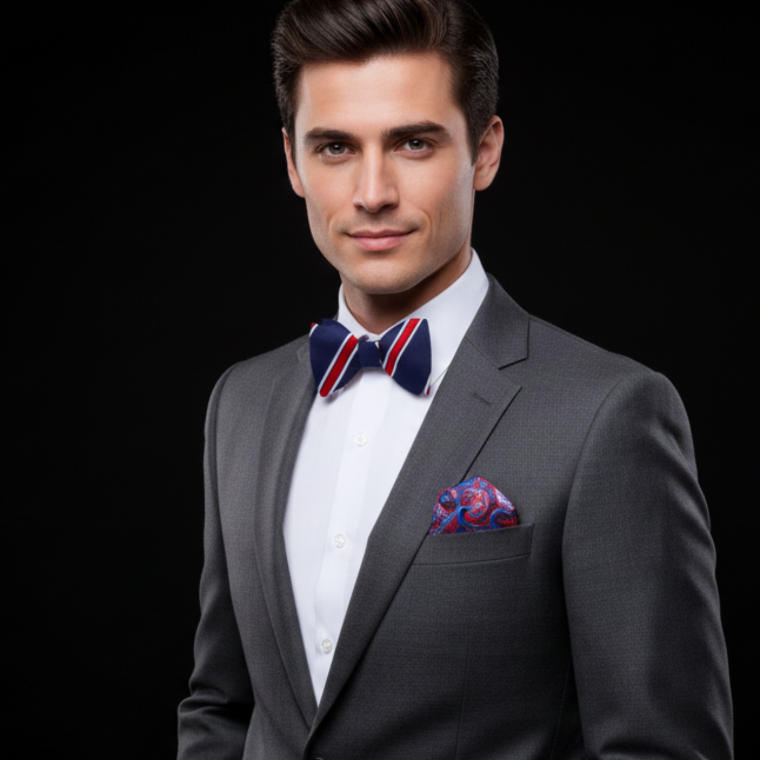 Man wearing a gray suit with a colorful bow tie and pocket square on a black background