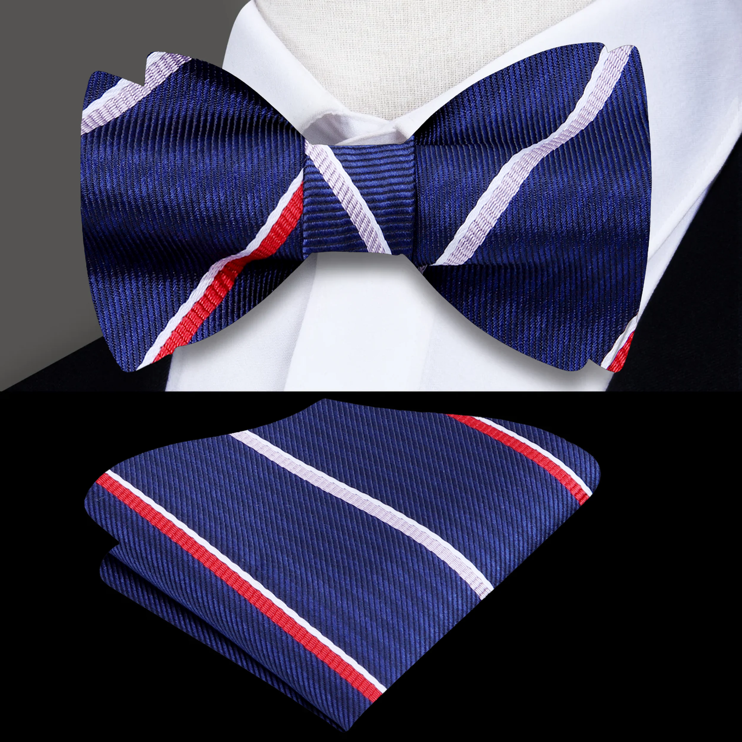 Blue Red White Stripe Bow Tie and Square