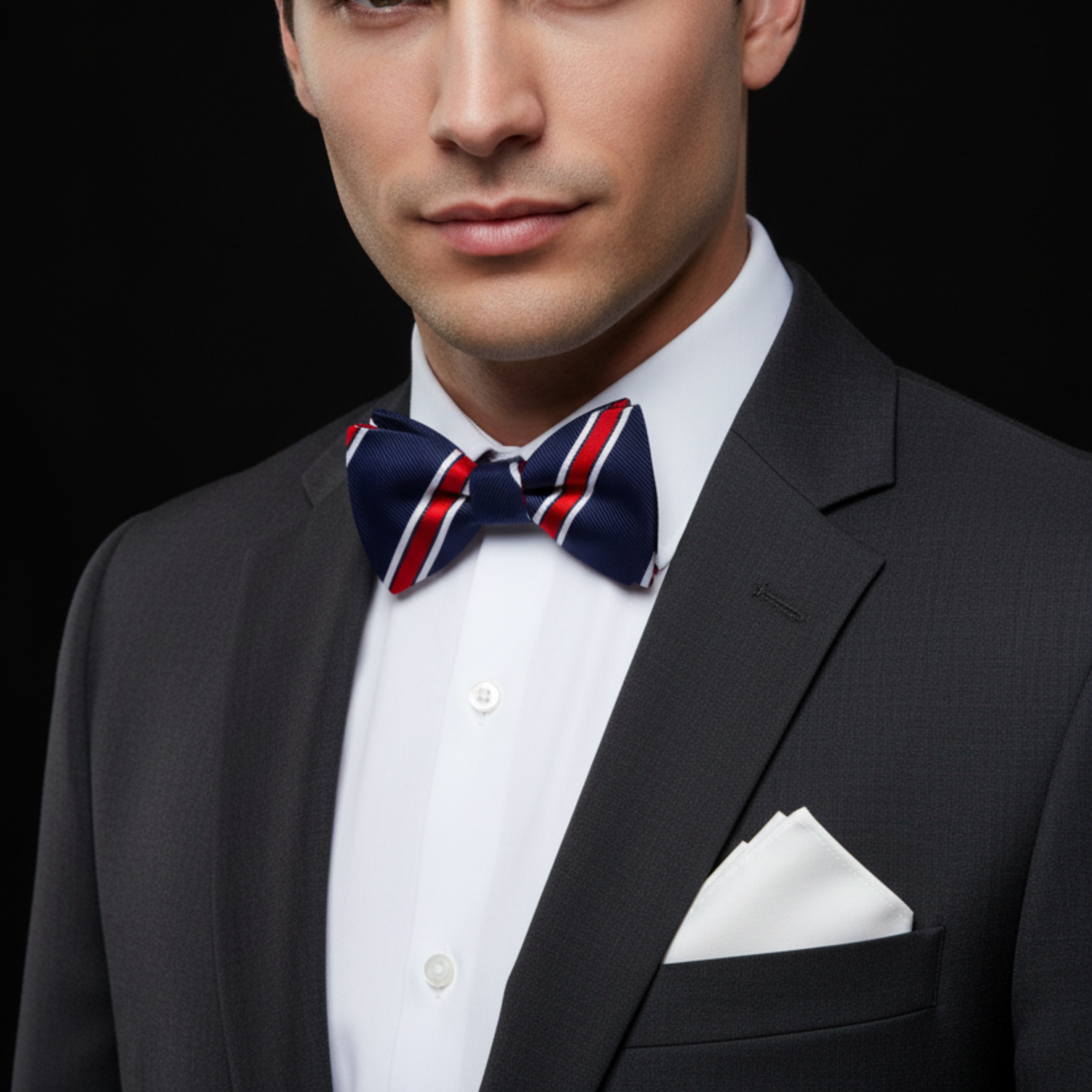 Blue Red White Stripe Bow Tie and White Square