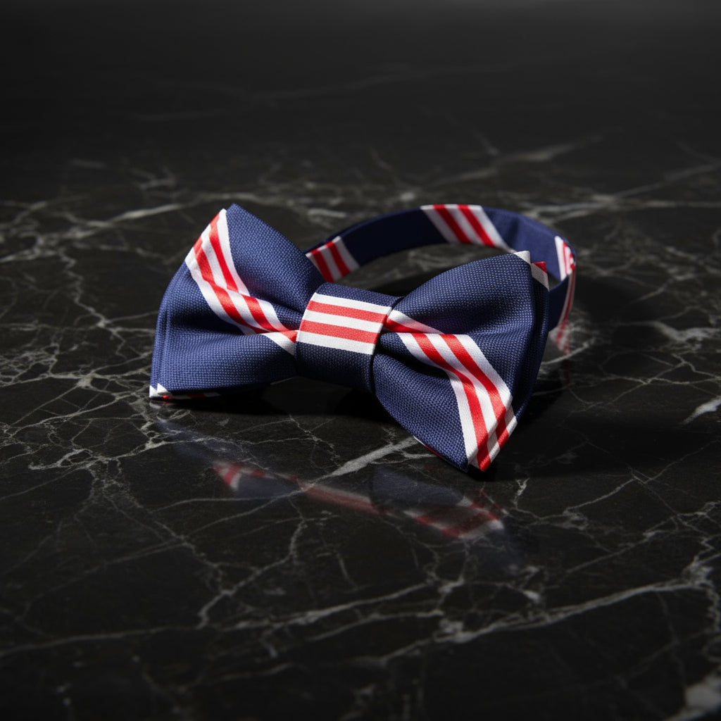 Pre Tied Dark Blue White Red Stripe Double Play Bow Tie 