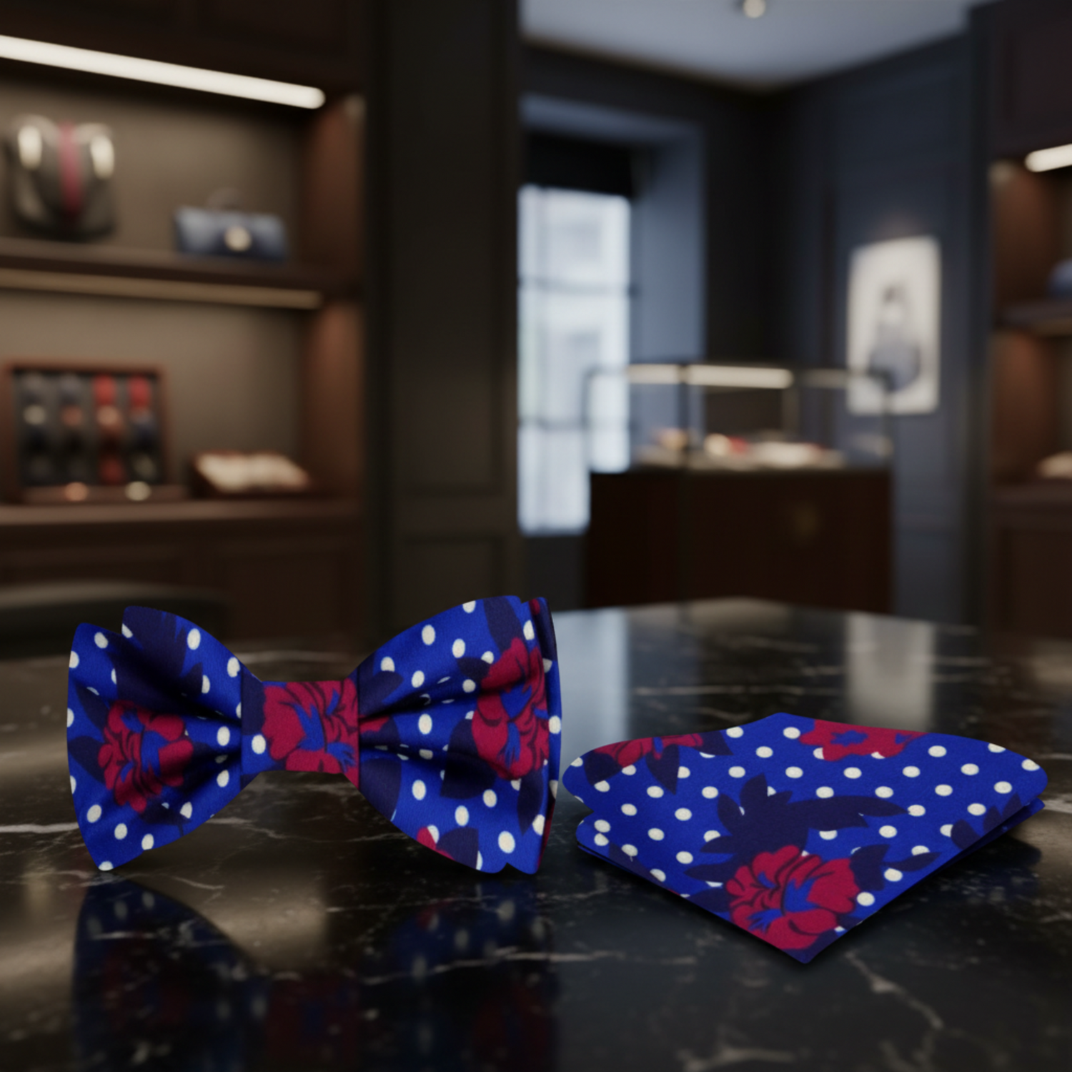 A Blue, White, Red Color Abstract Floral Pattern Silk Bow Tie, Pocket Square