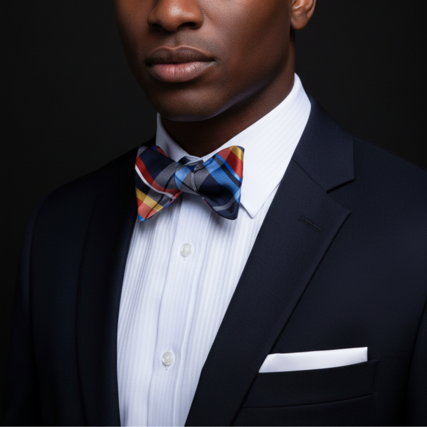 Man wearing a dark suit with a colorful bow tie against a black background