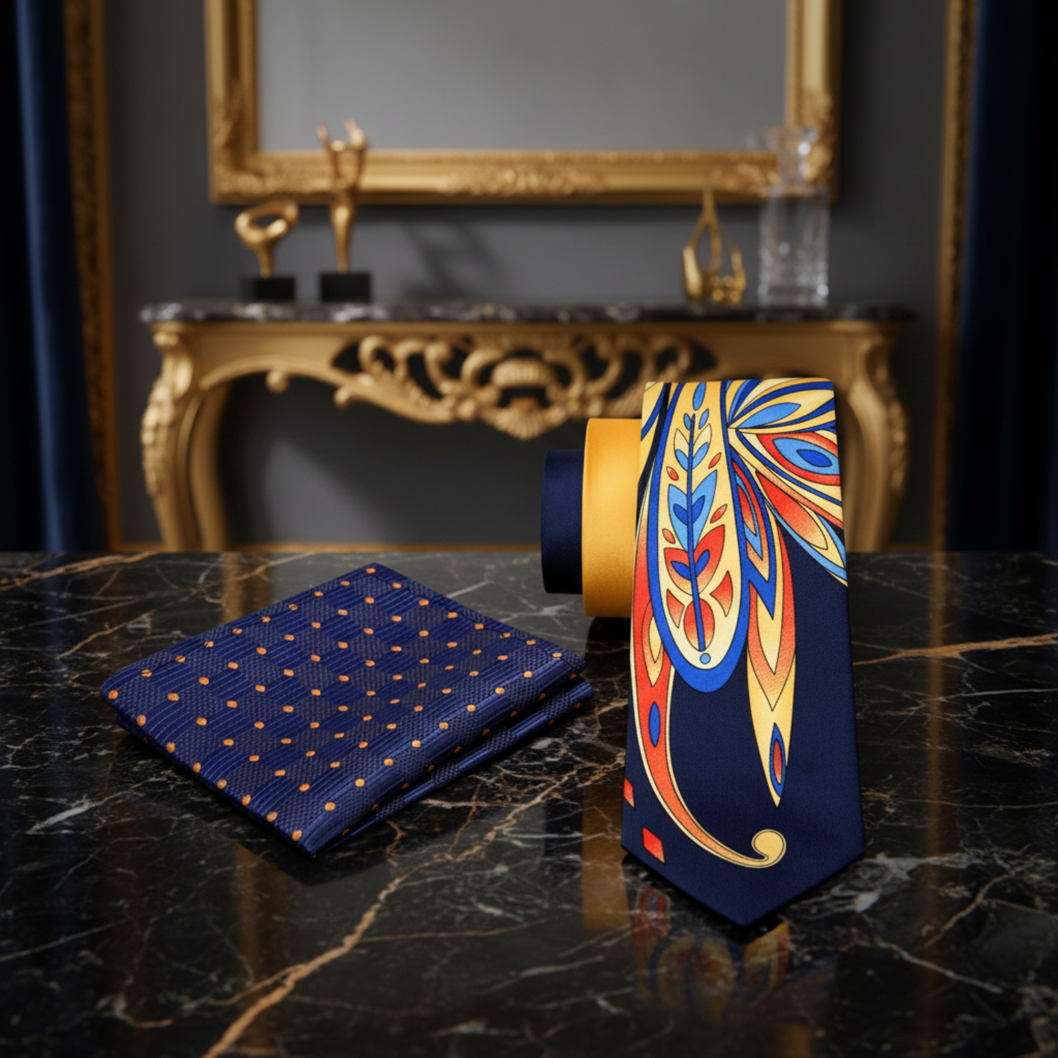Navy tie with colorful abstract design and matching pocket square on a white background