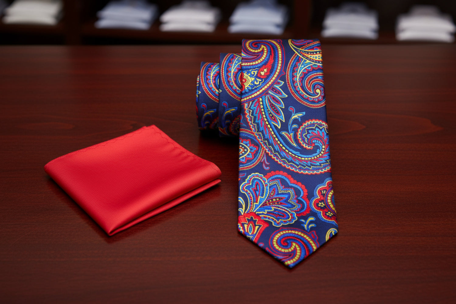 Alt View: Blue, Red and Yellow Paisley Tie and Red Pocket Square