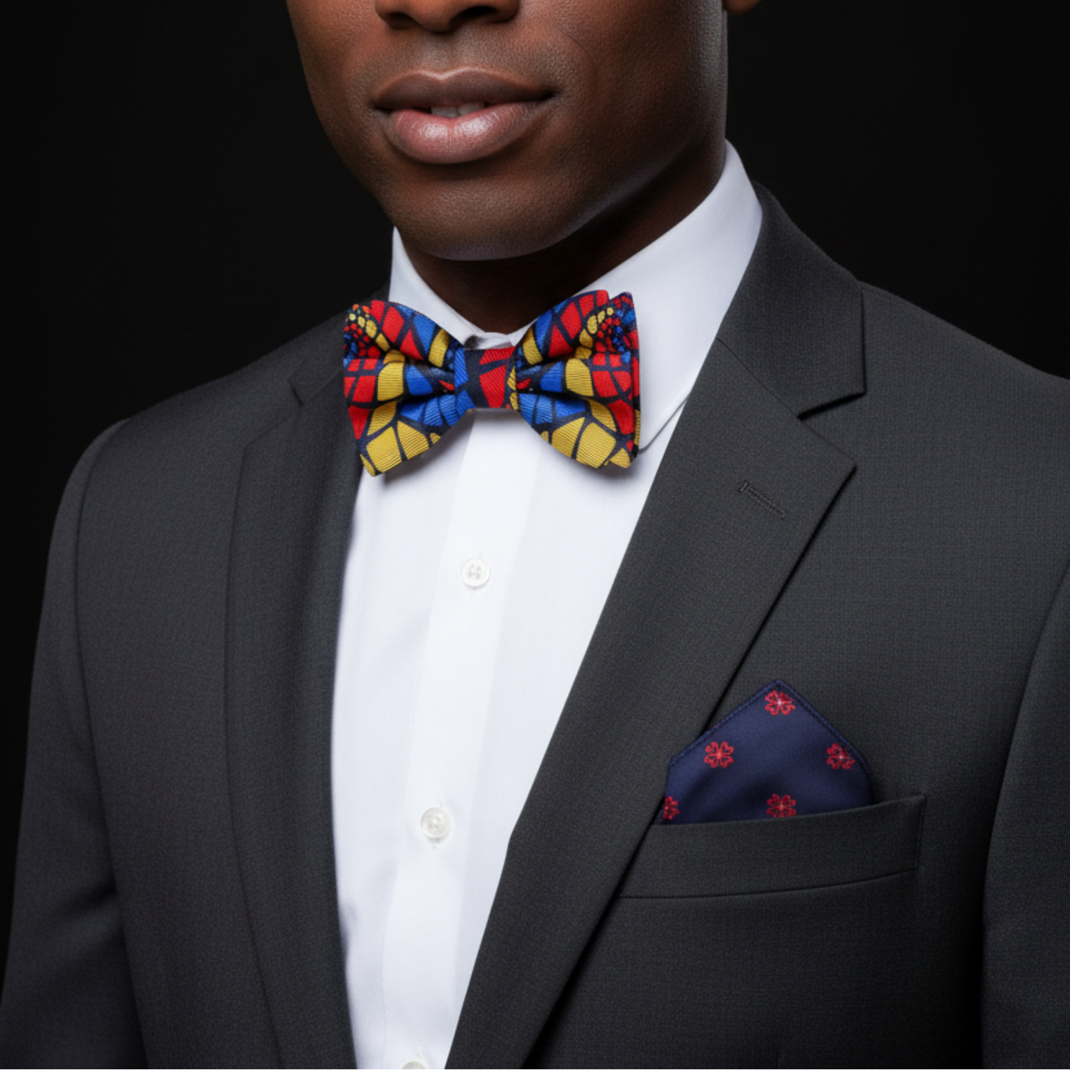 Man wearing a dark suit with a colorful bow tie and matching pocket square on a black background