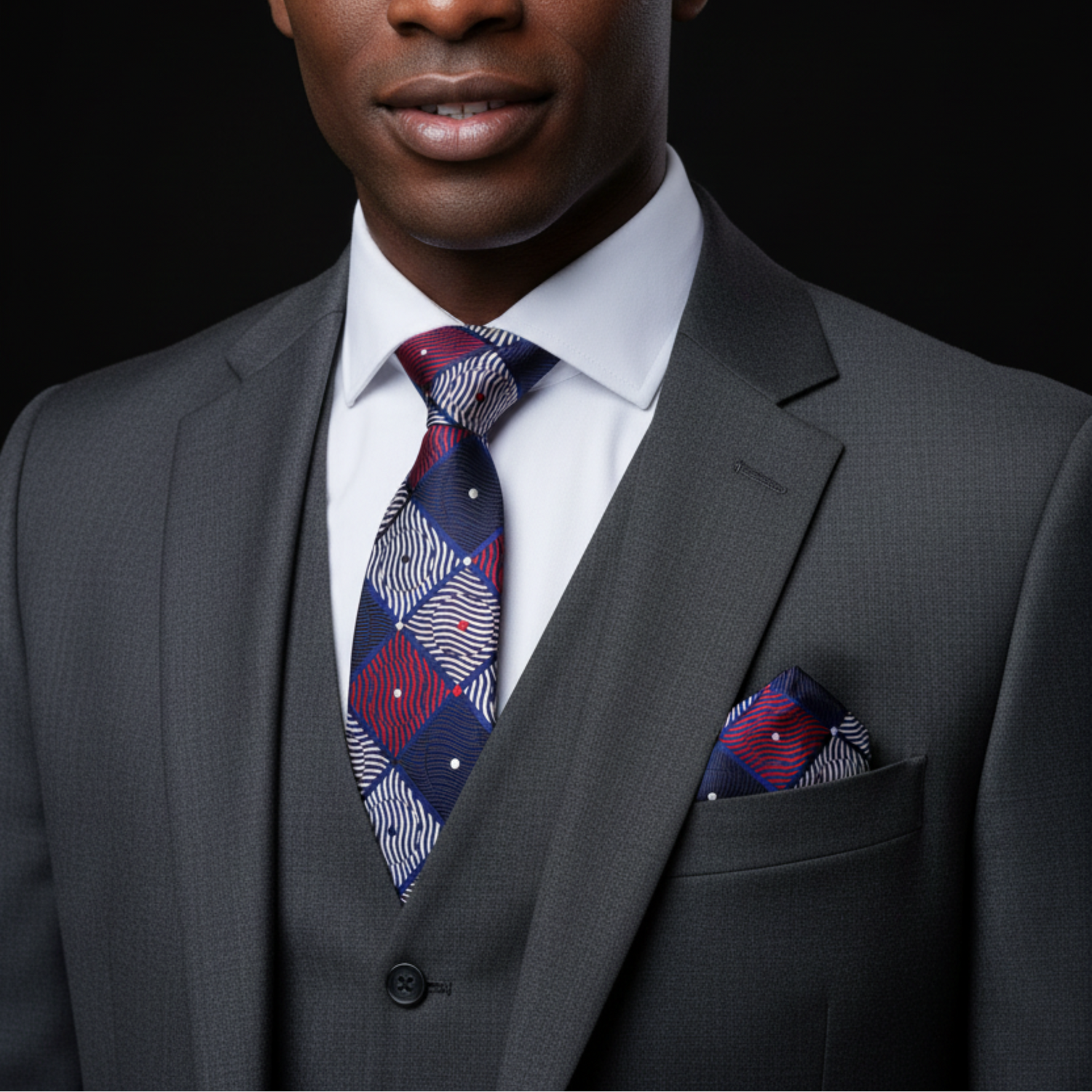 Man wearing a gray suit with a patterned tie and pocket square against a black background