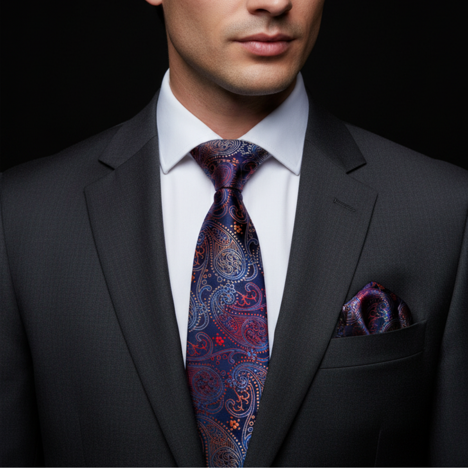 Man wearing a dark suit with a patterned tie and pocket square against a black background