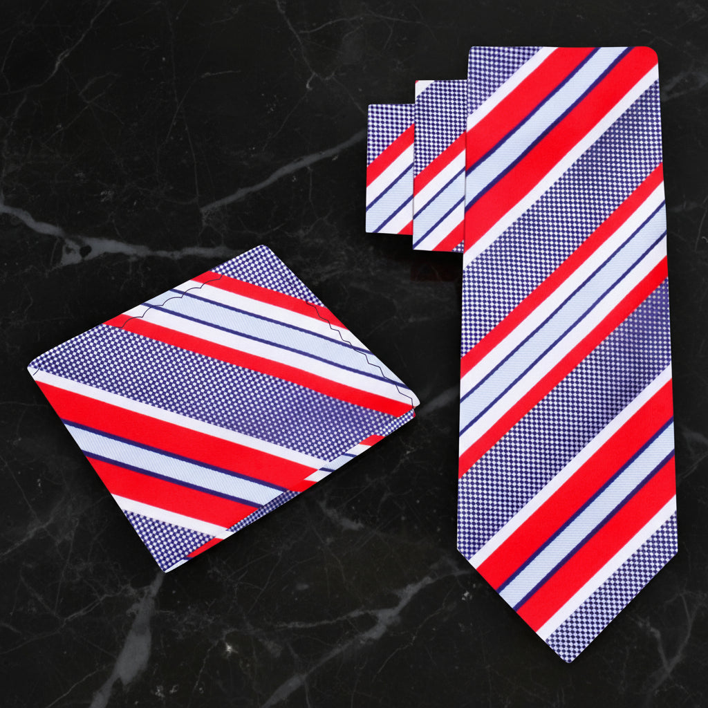 Red, white, and blue striped tie on a white background