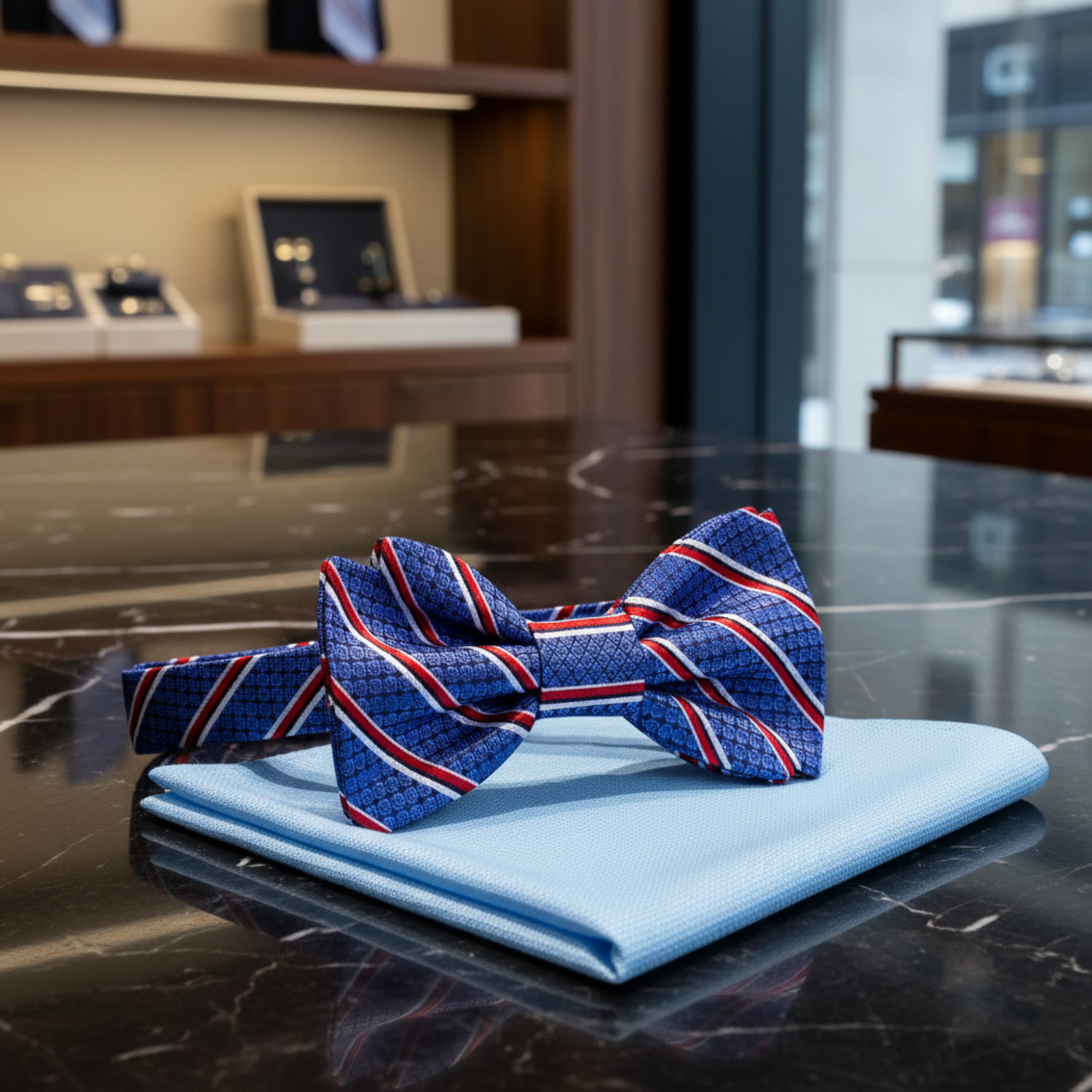 Blue bow tie with red and white stripes and a light blue pocket square on a black background