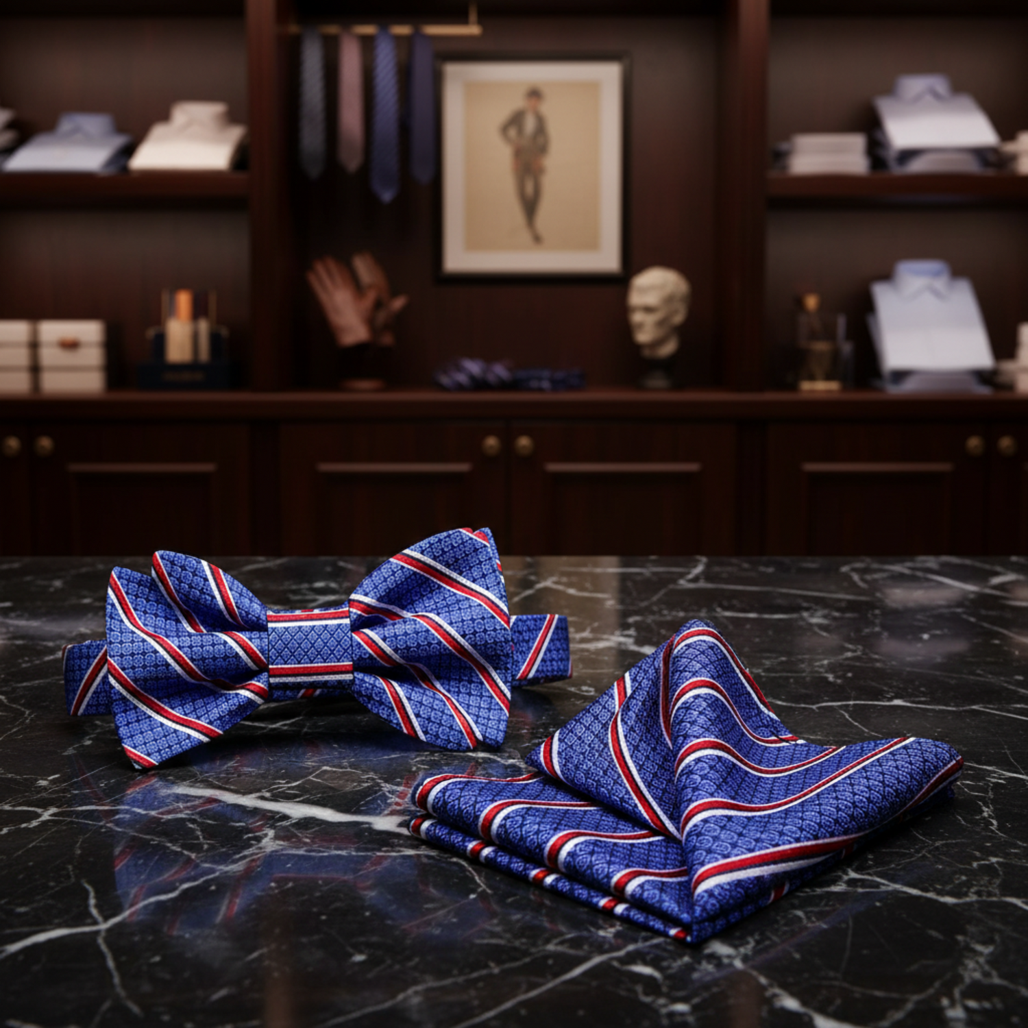 Blue, red, and white striped bow tie and pocket square set on a black background.