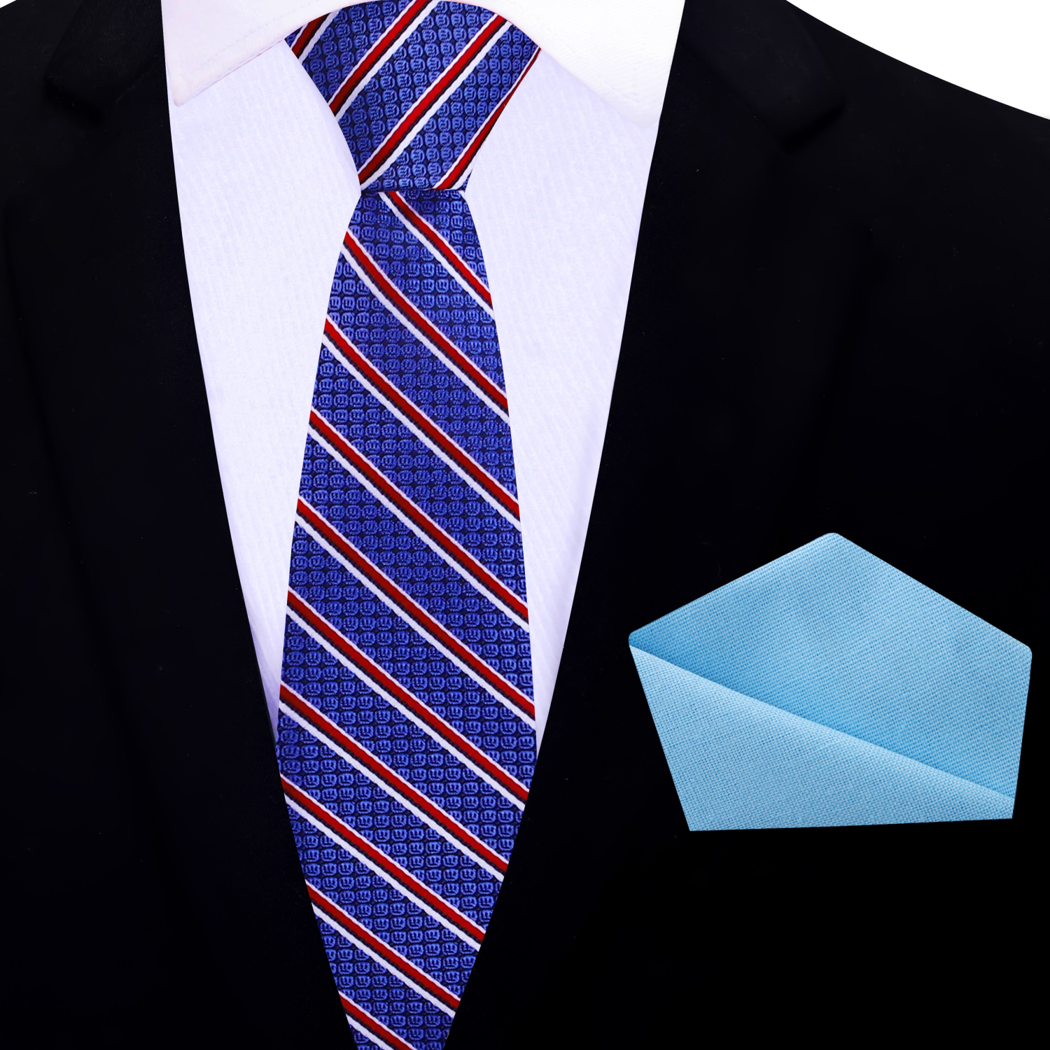 Blue Red And White Stripe Thin Tie and Light Blue Square