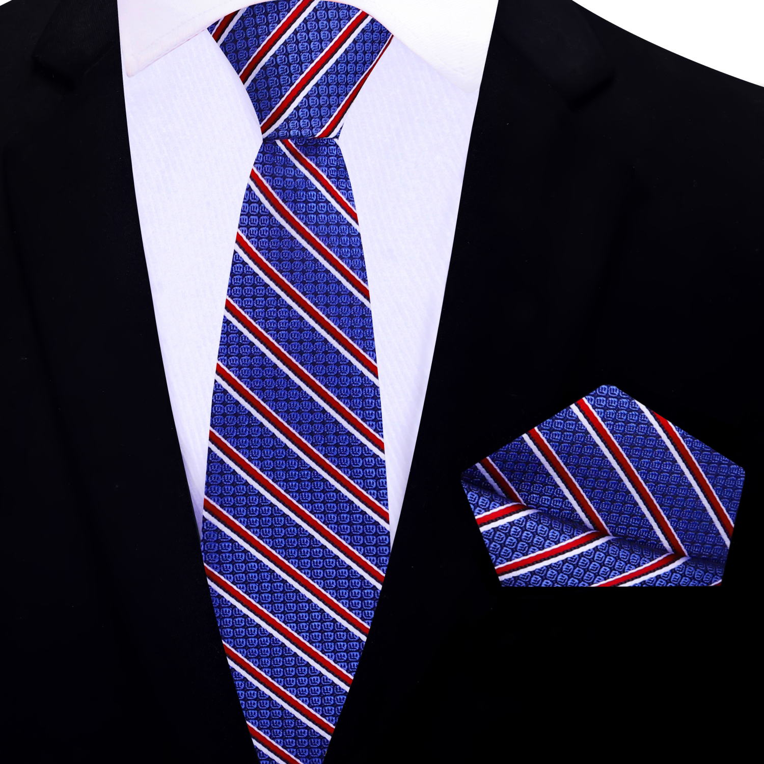 Blue striped thin tie and matching pocket square on a black suit jacket.