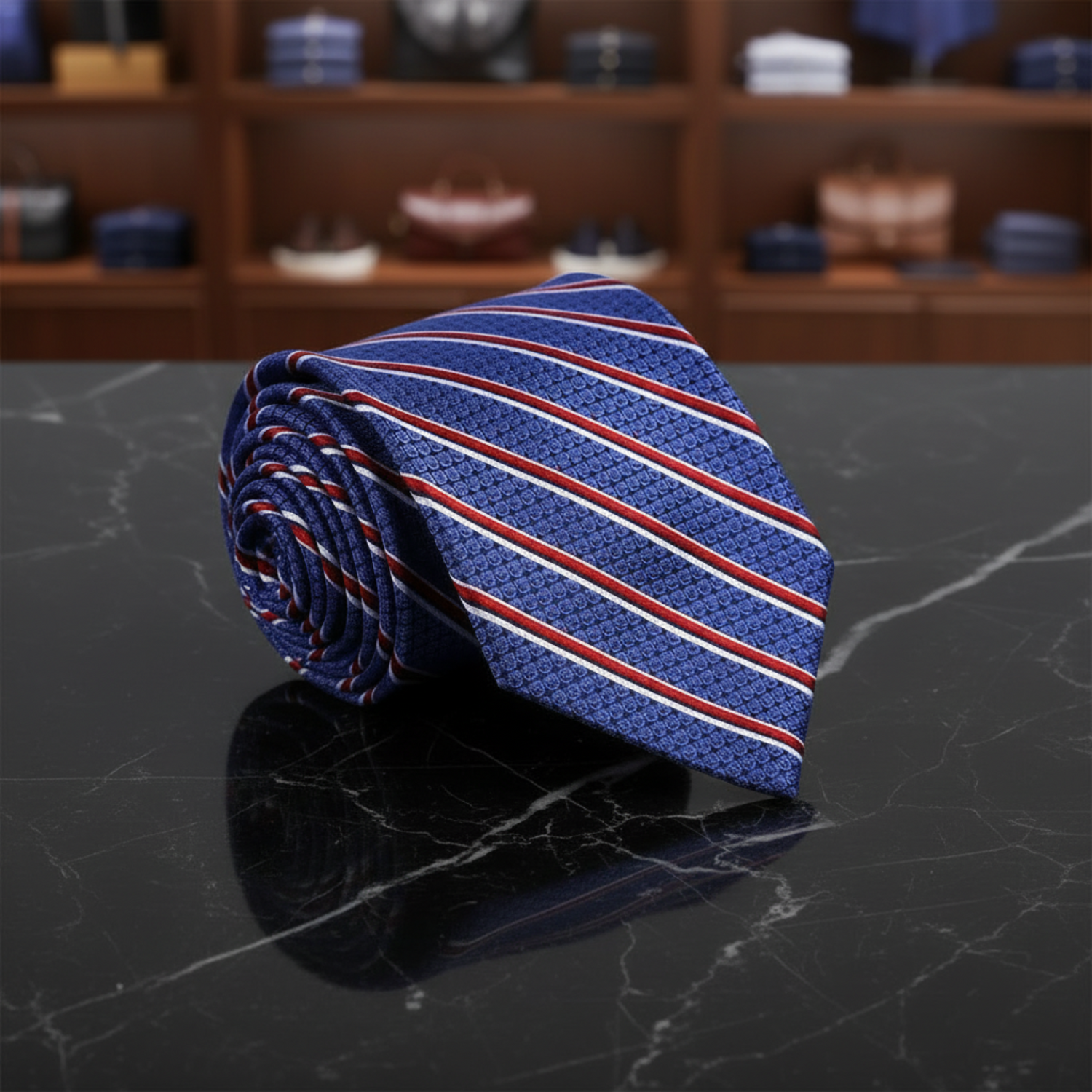 Blue striped tie on a dark marble surface