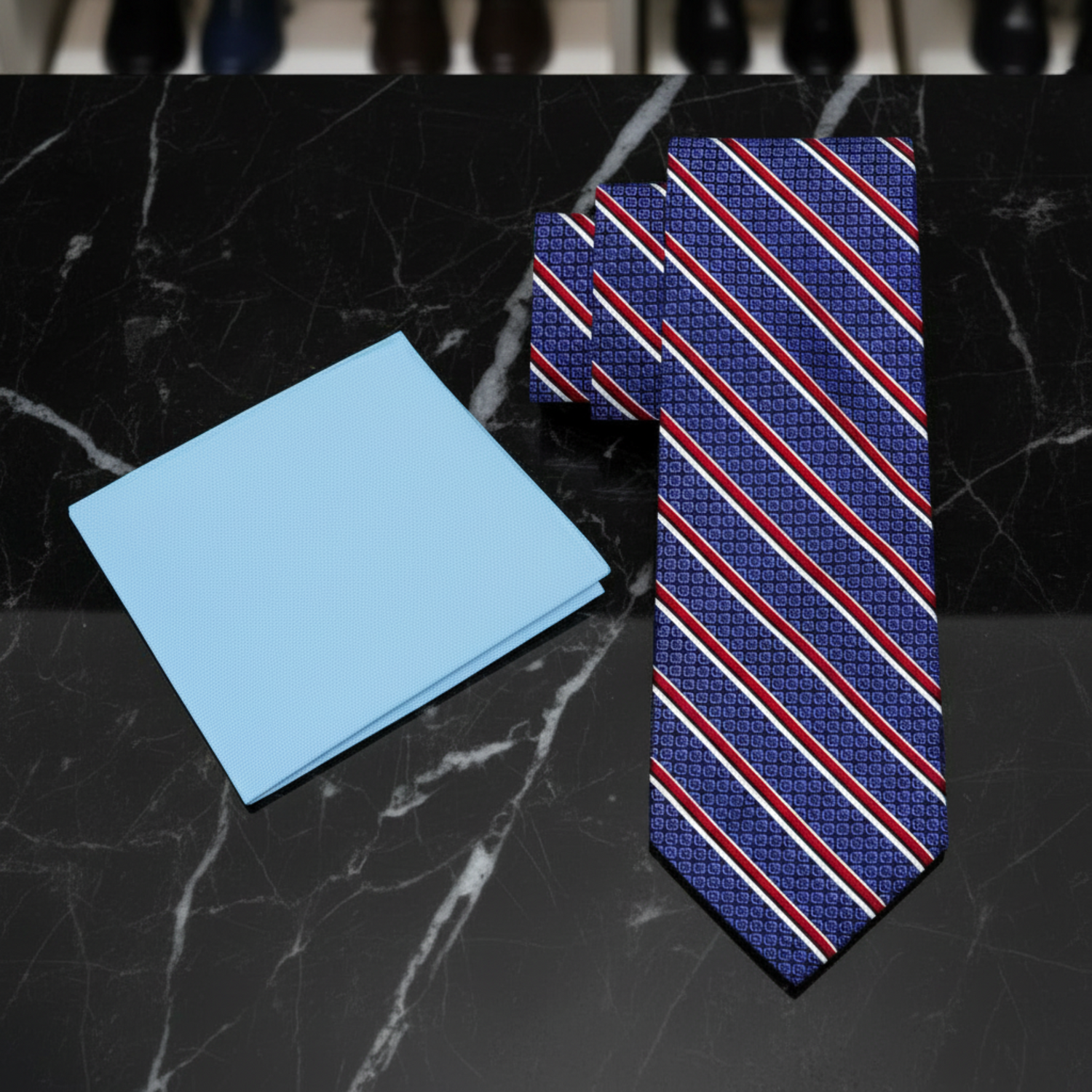 Alt Blue Red And White Stripe Tie and Light Blue Square
