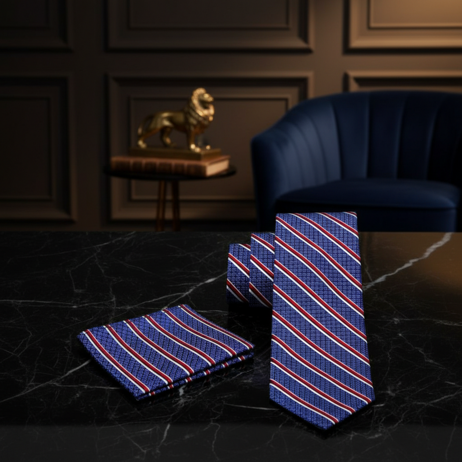 Blue and red striped tie and pocket square on a dark marble background