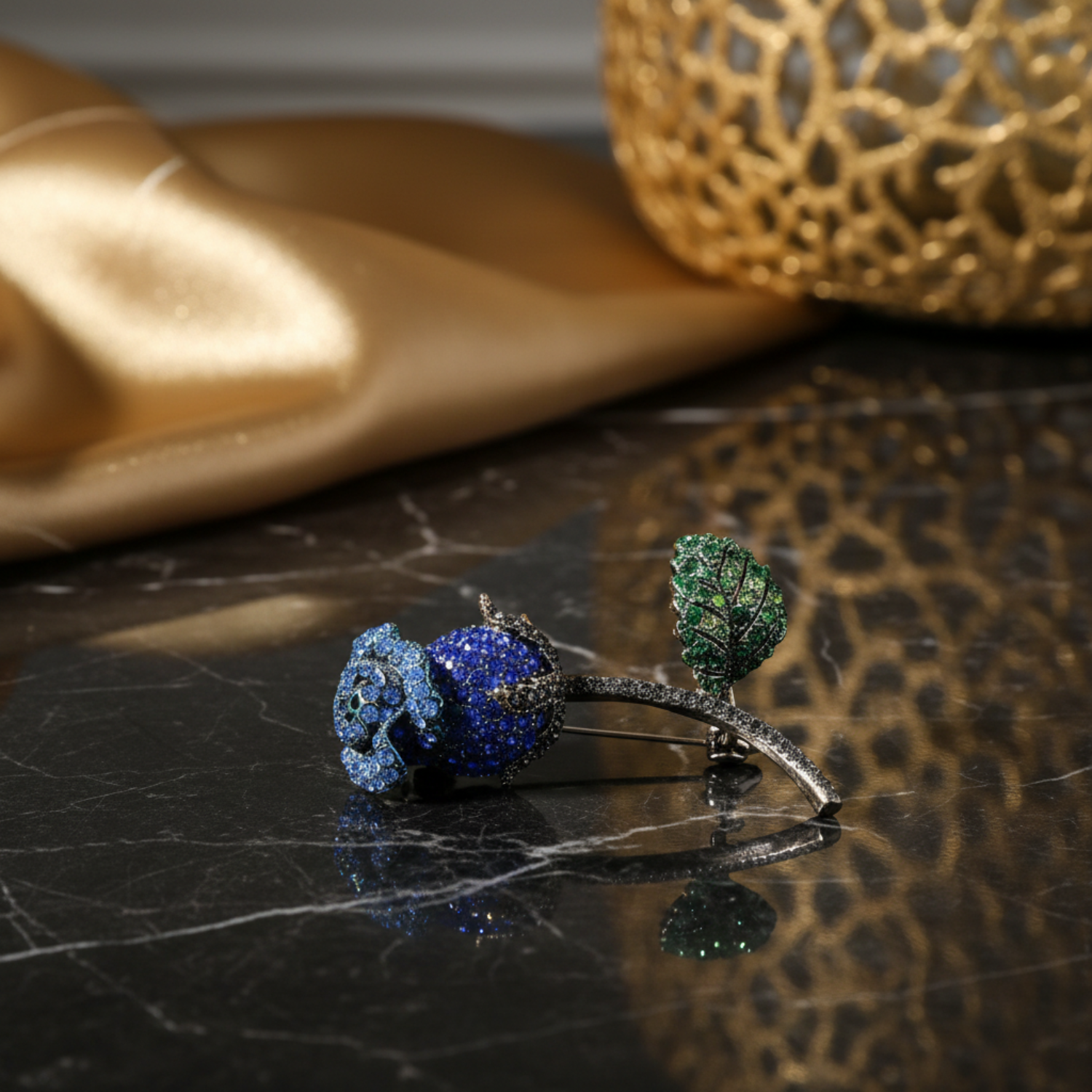 Blue Rose with Green Leaf Stones Lapel Pin
