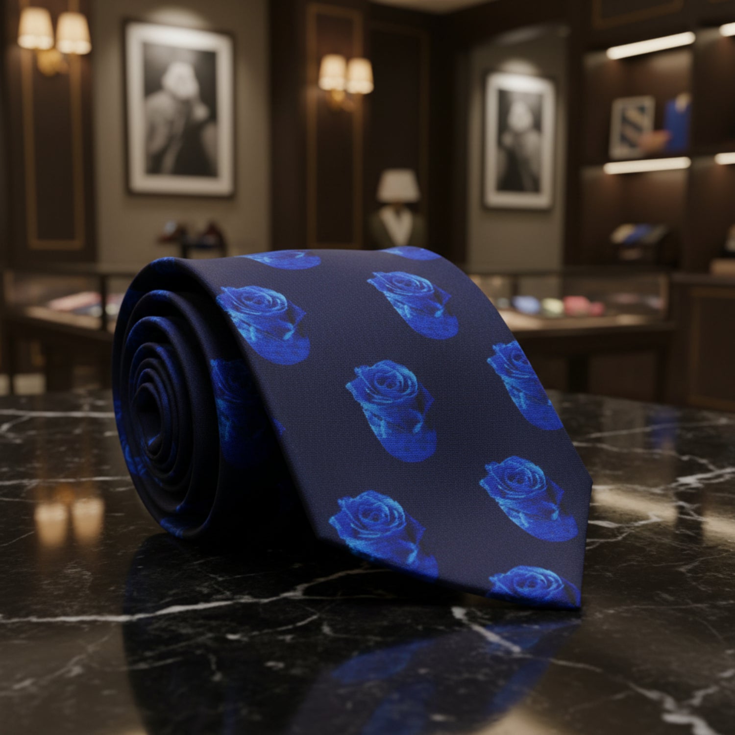 A rolled-up necktie featuring a repeating pattern of vibrant blue roses on a dark navy blue background, isolated