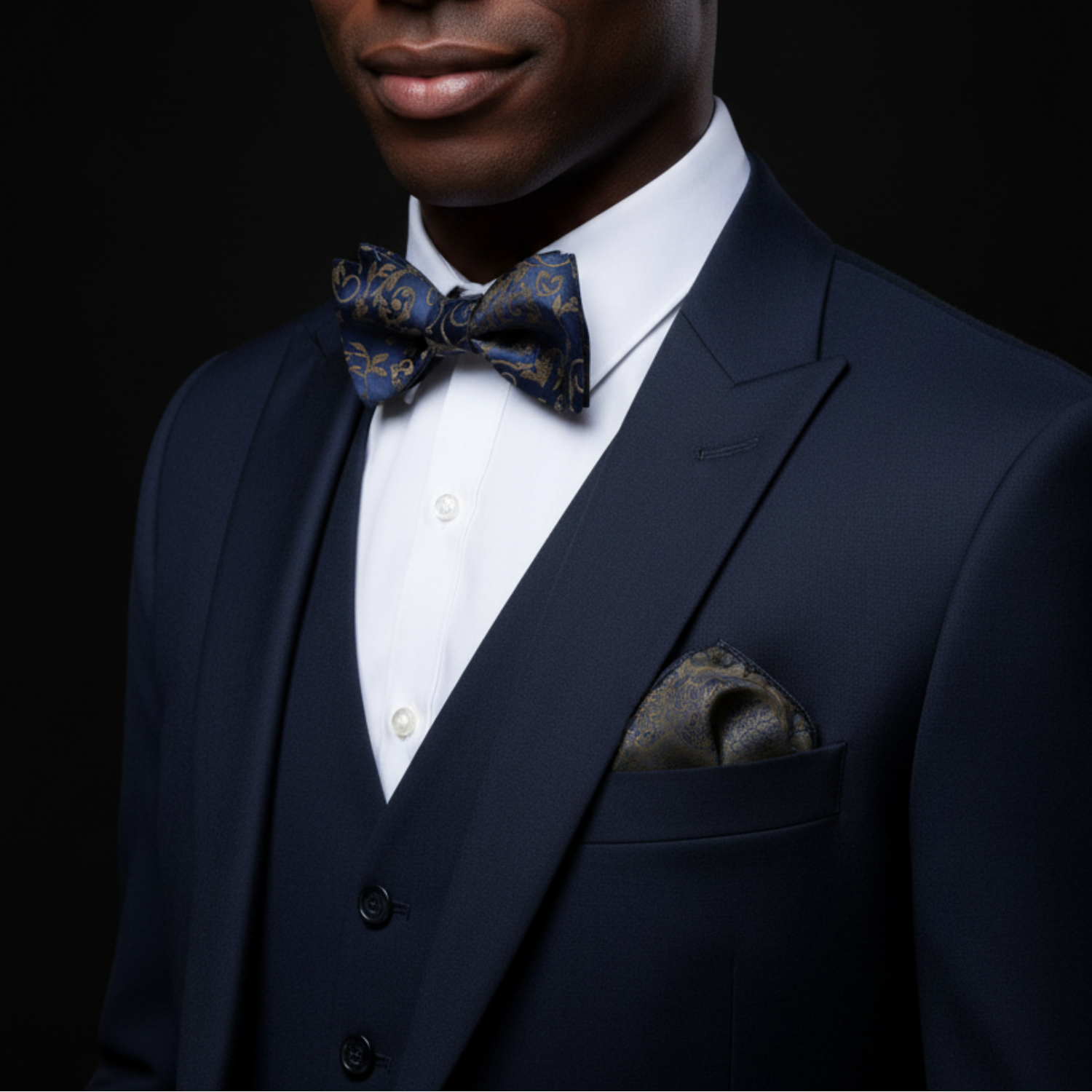 Man wearing a navy suit with a patterned bow tie and pocket square on a black background