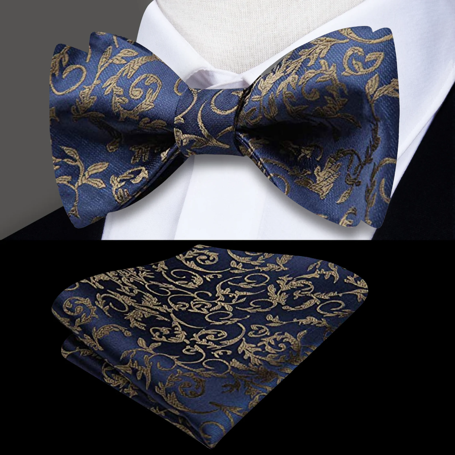 Blue, Sage Floral Bow Tie and Square