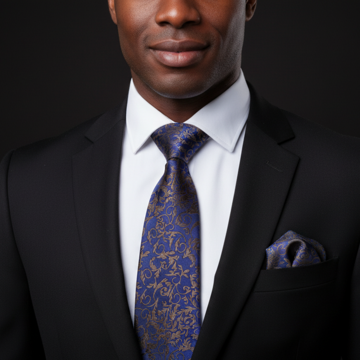 Man wearing a black suit with a blue patterned tie and pocket square on a dark background