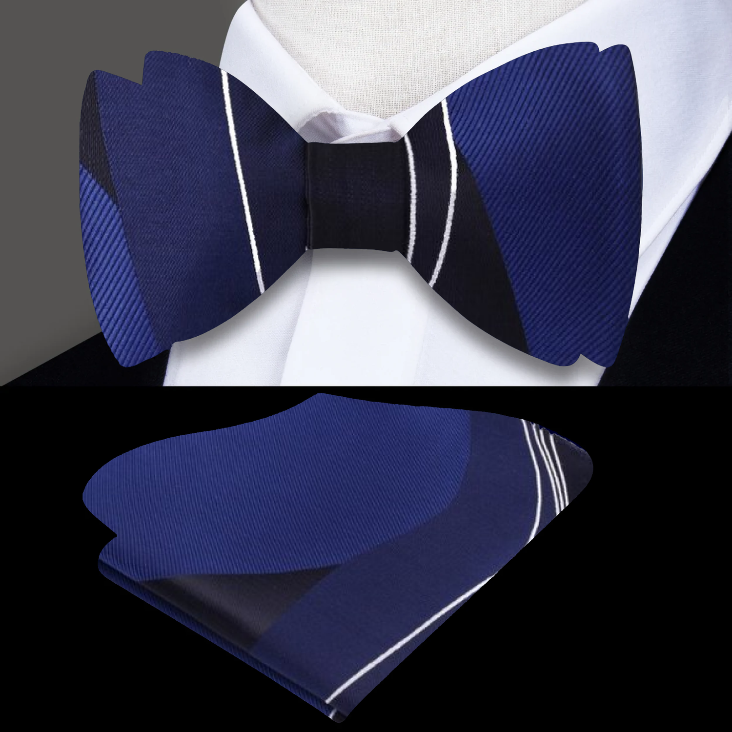 Main: A Blue, White Abstract Pattern Self Tie Bow Tie With Matching Pocket Square||Blue, Dark Blue, White