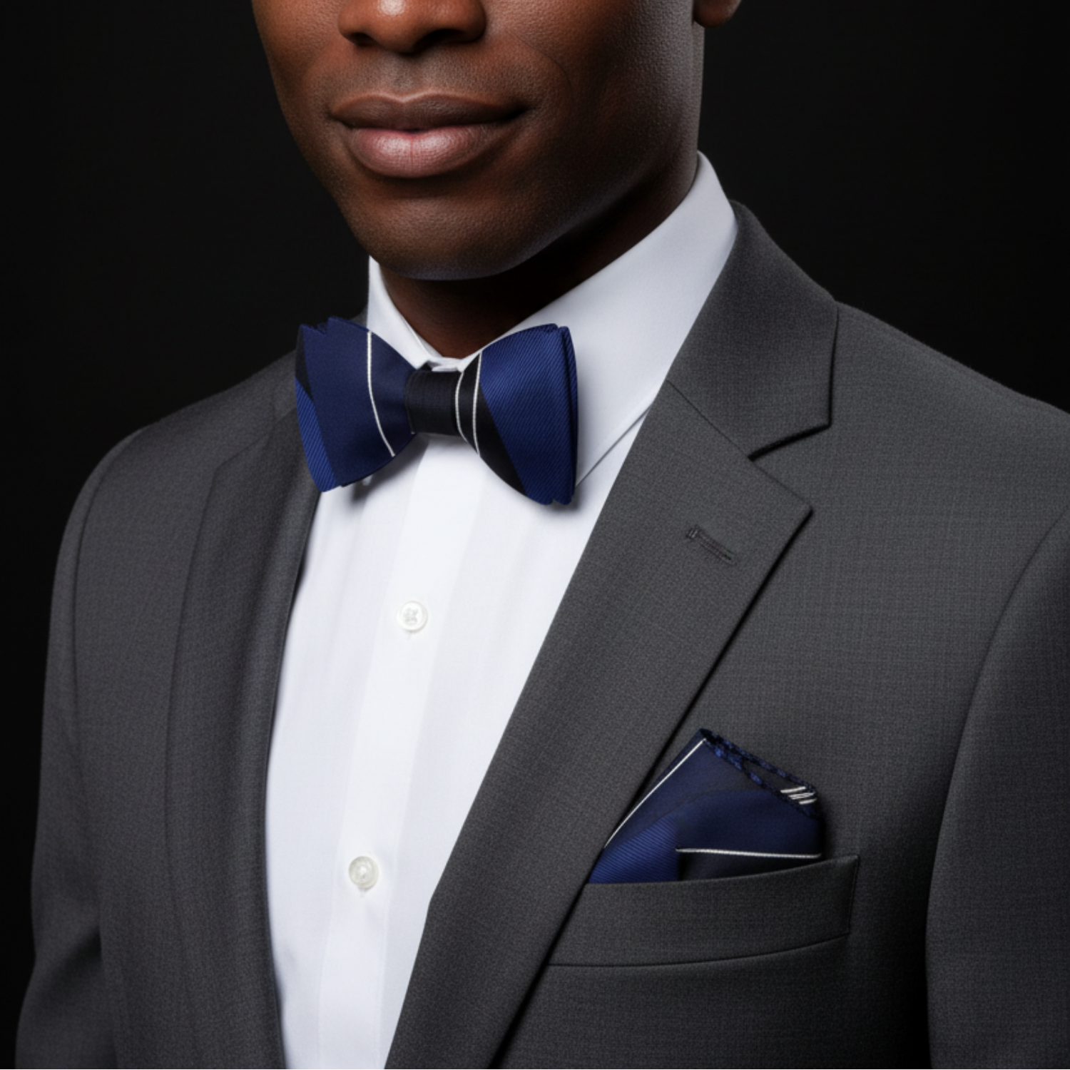 Blue Lined Bow Tie and Square on Man