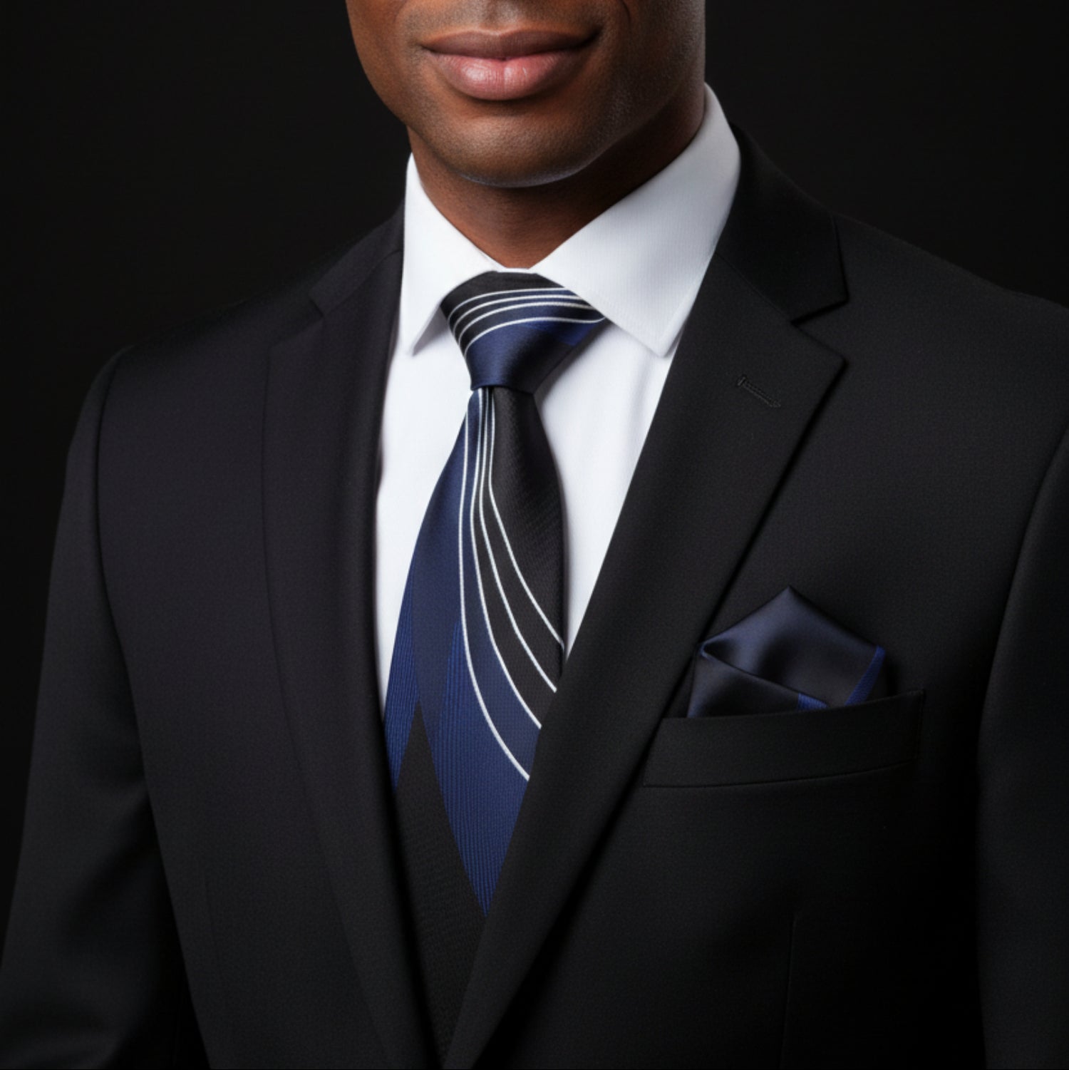 Blue, White Abstract Tie and Pocket Square||Dark Blue, Blue, White