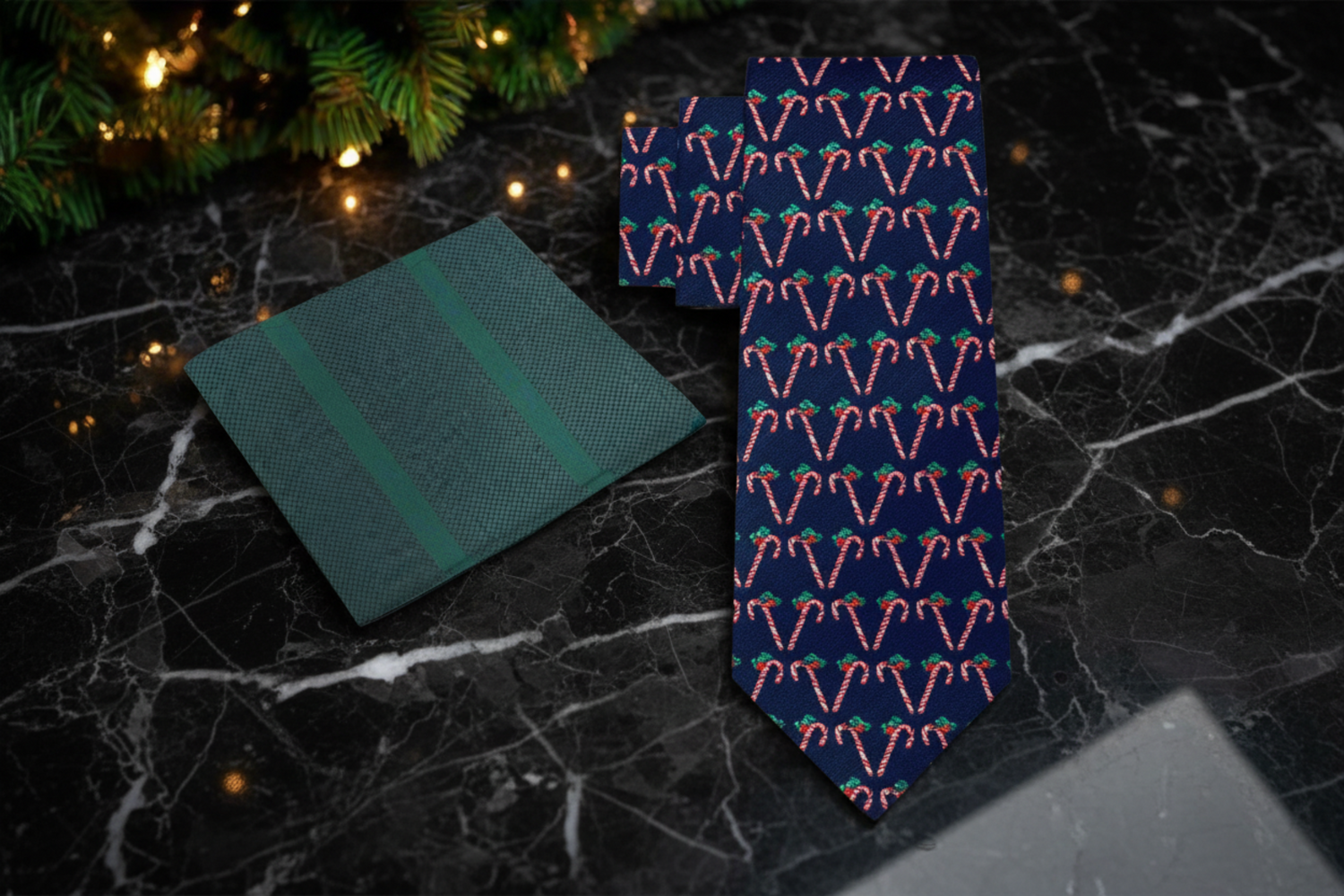 Blue, White, Green Candy Canes Tie and Green Pocket Square