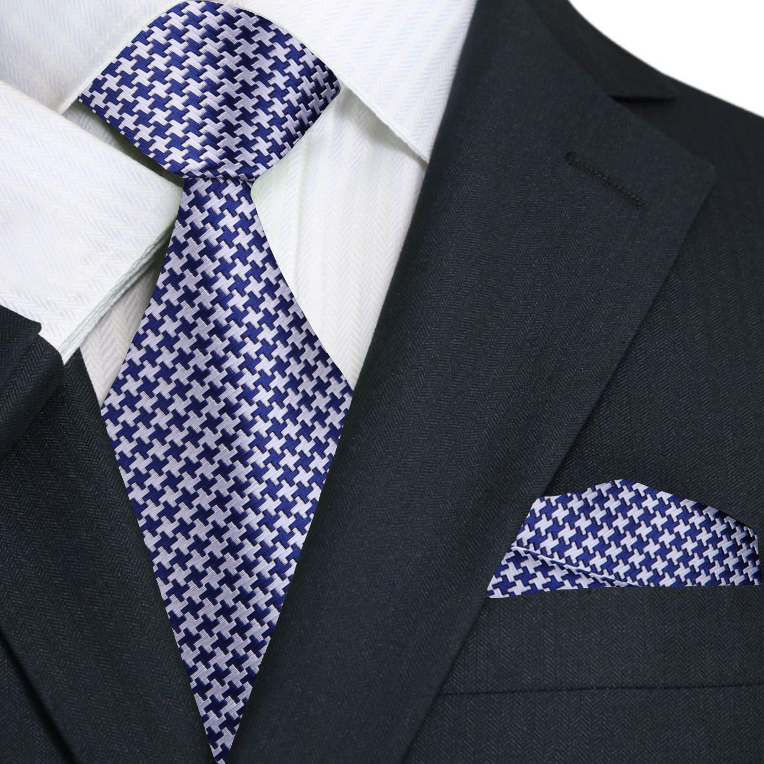 Silver, Blue Hounds Tooth Tie and Pocket Square||Silver/Blue