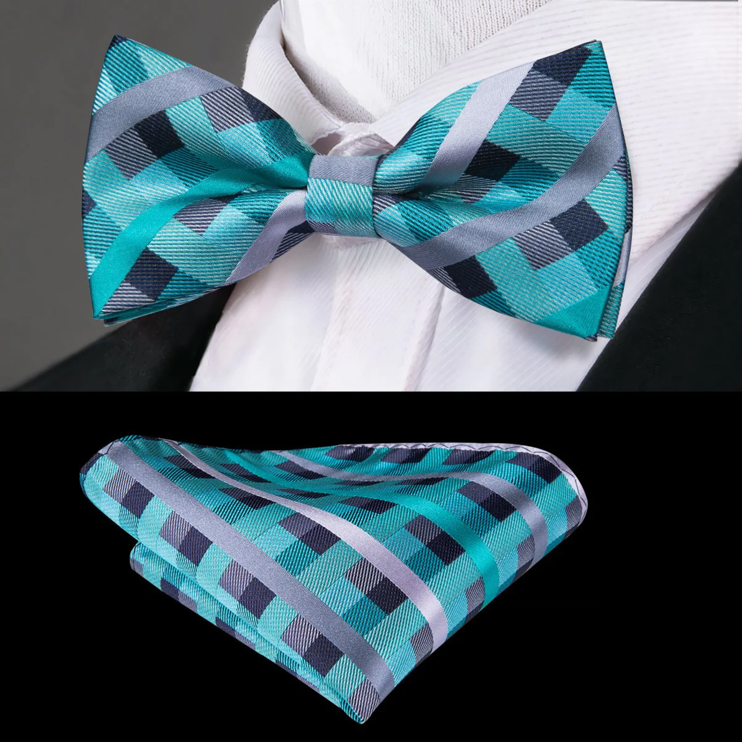 Blue Silver Opening Night Check Bow Tie and Square