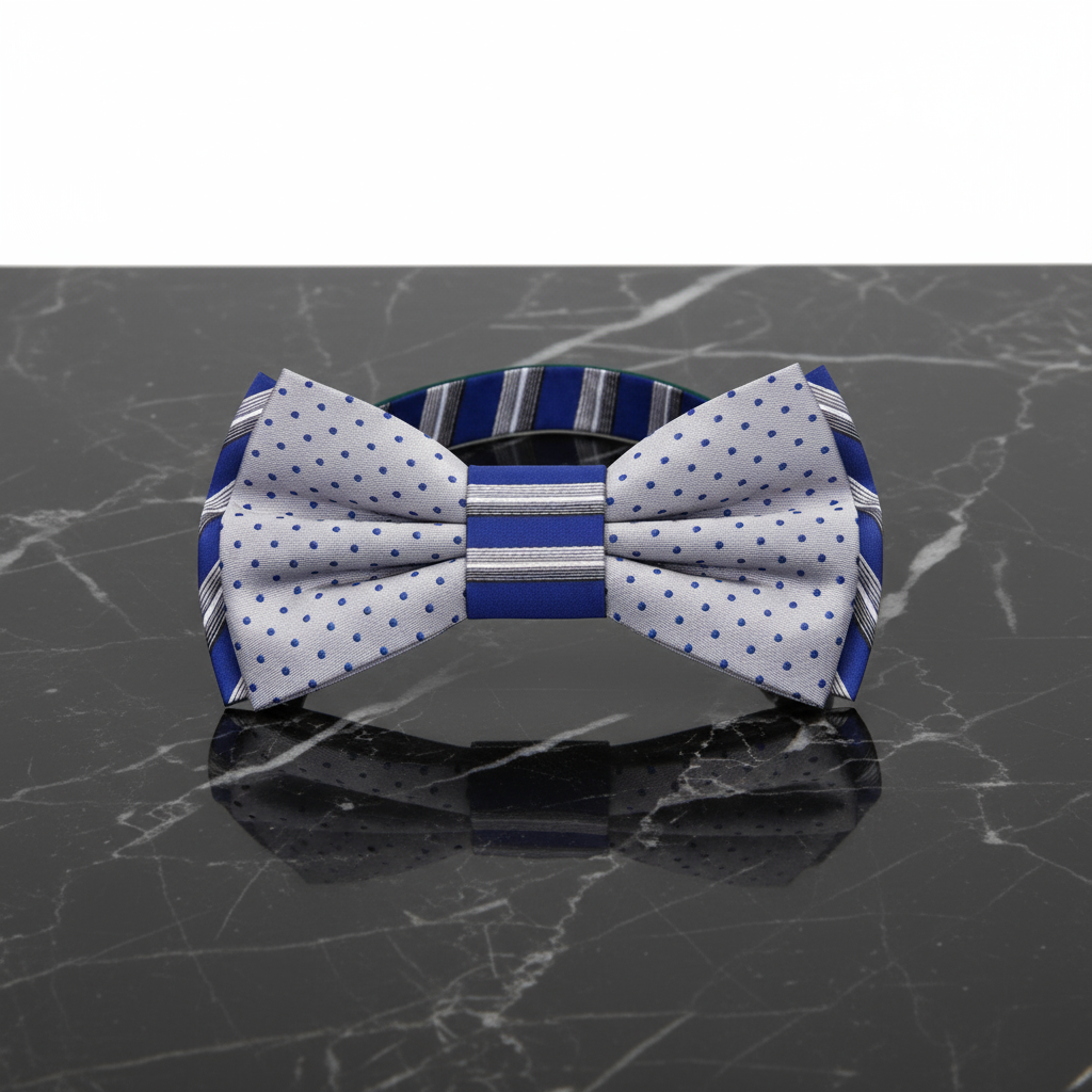 Silver and Blue Stripe and Polka Bow Tie pre Tied