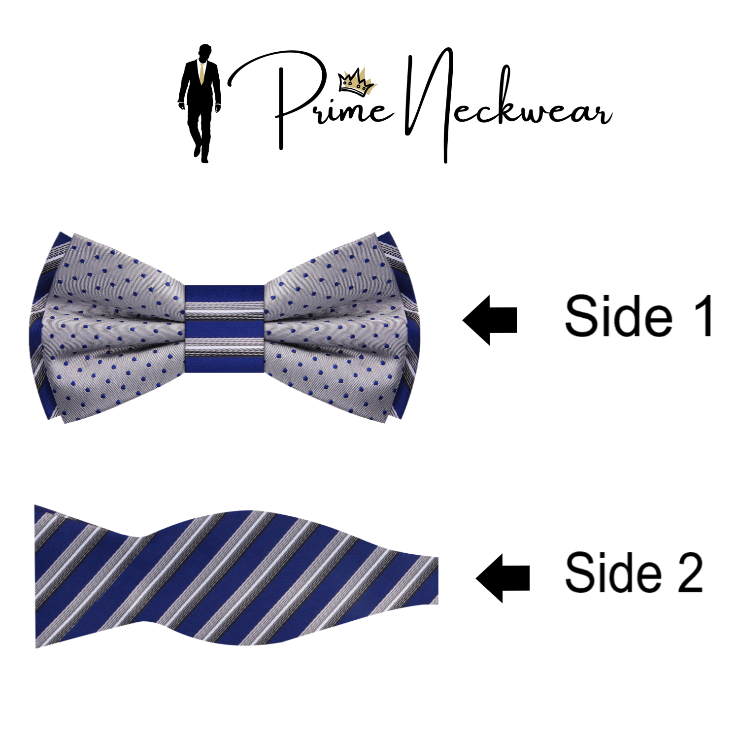 1 Silver and Blue Stripe and Polka Bow Tie and Square