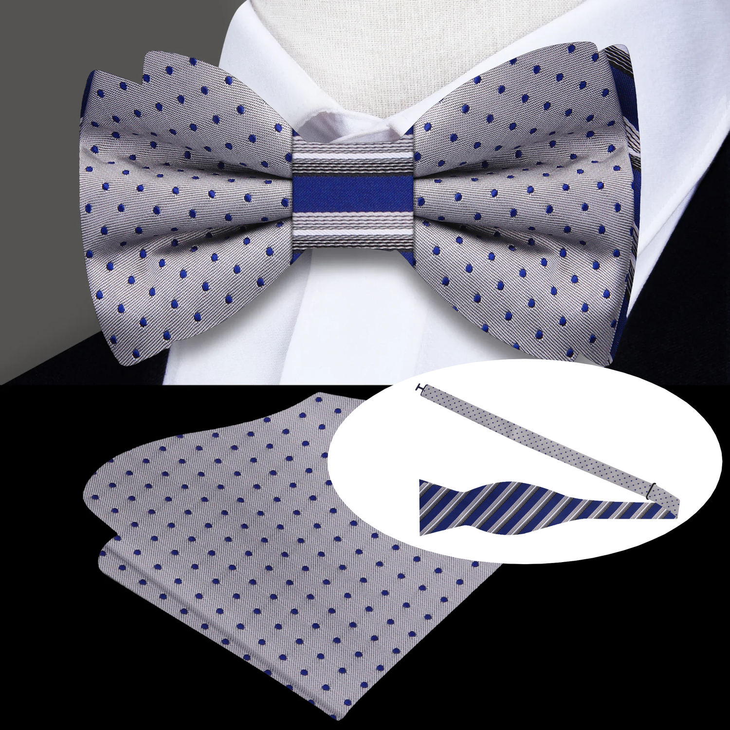 Silver and Blue Stripe and Polka Bow Tie and Square