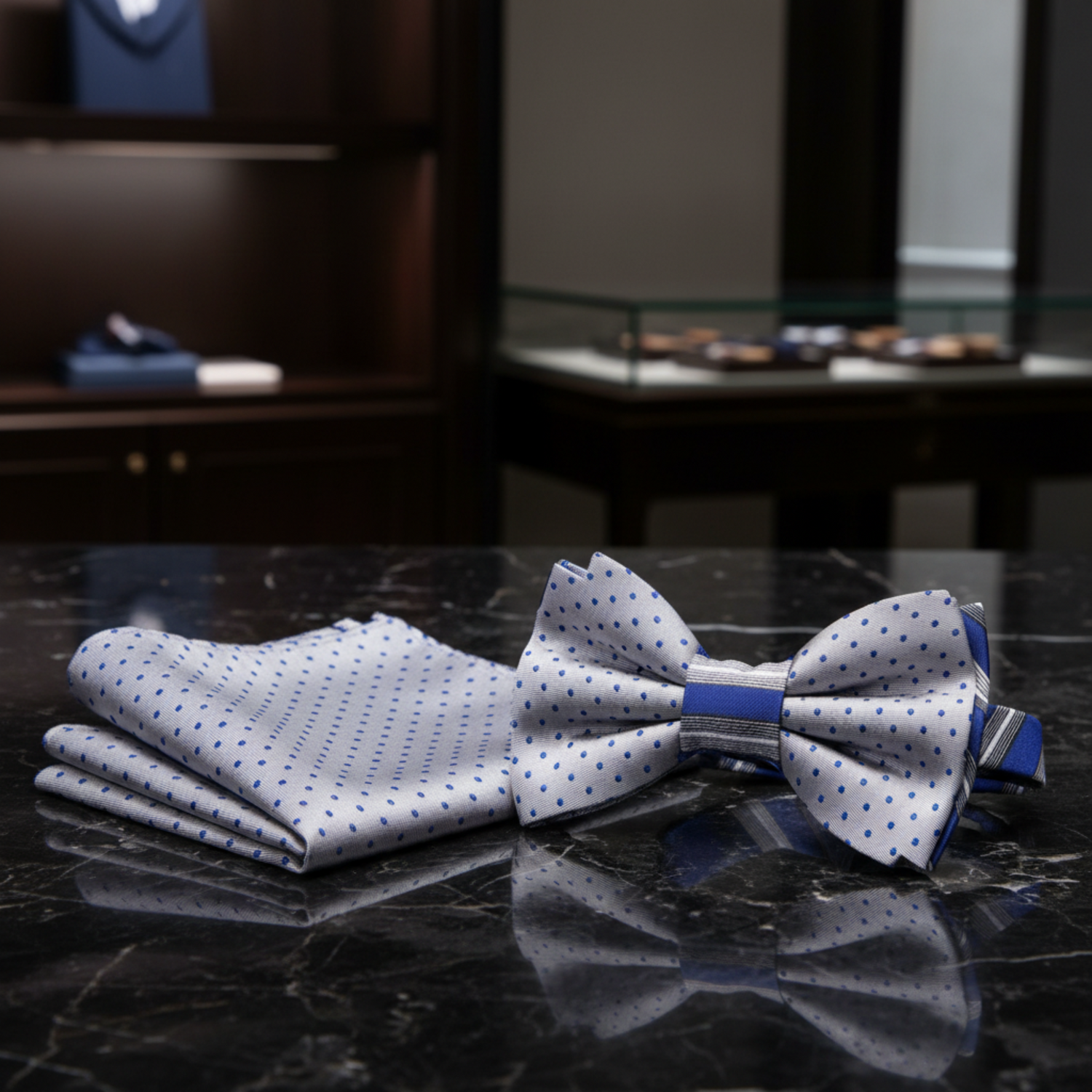 Silver and Blue Stripe and Polka Bow Tie and Square View 2