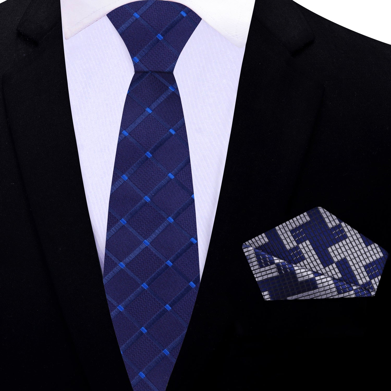 Thin Tie: Blue Necktie with a Geometric Texture and Blue, Grey Hounds Tooth Square