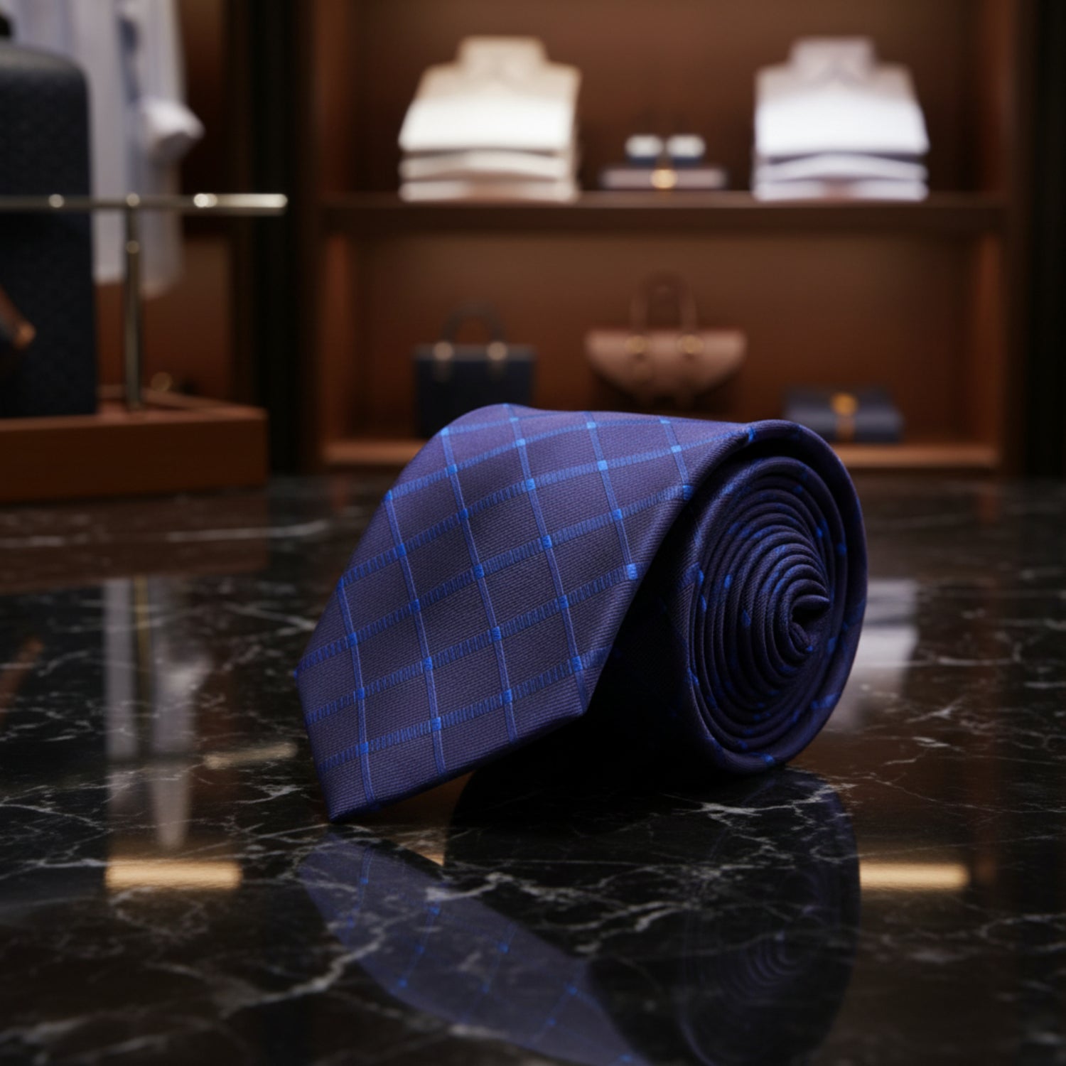 Navy blue tie with a subtle pattern on a white background