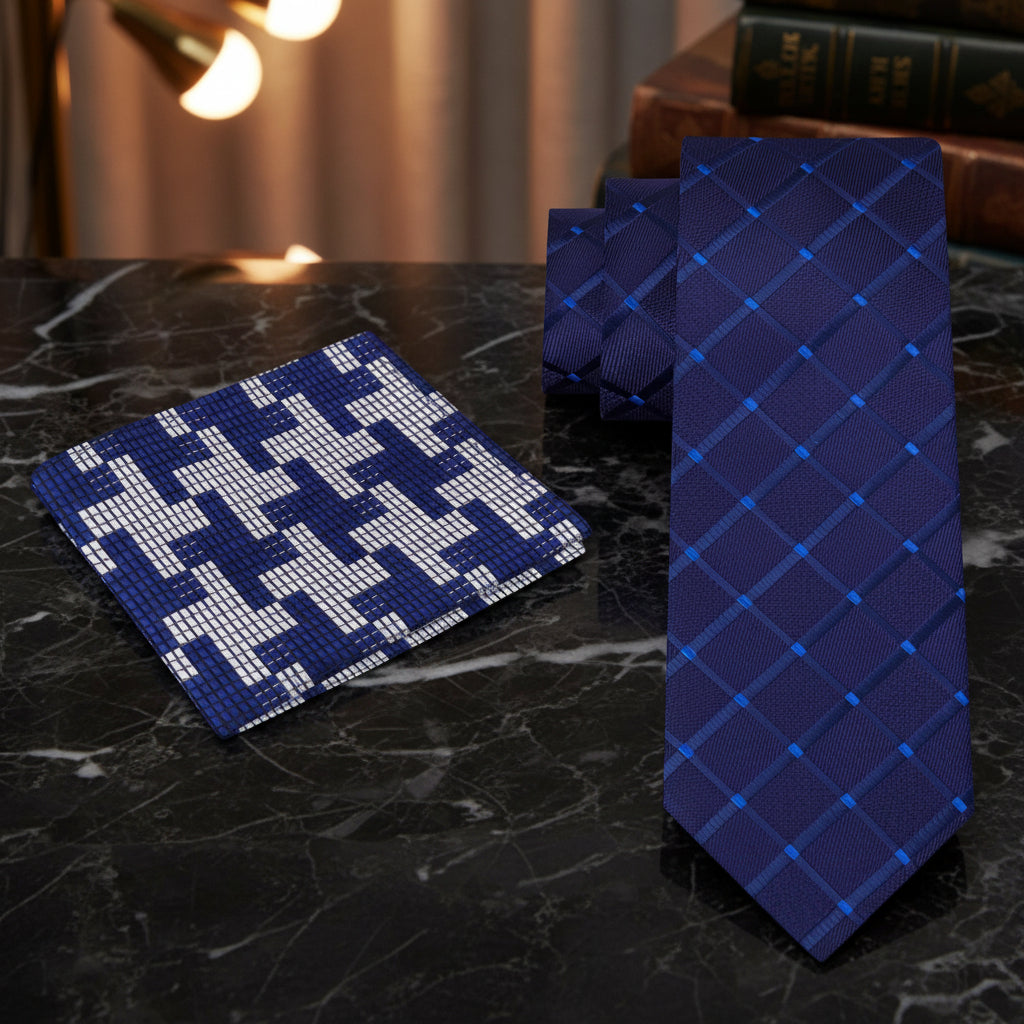 Alt View: Blue Necktie with a Geometric Texture and Blue, Grey Hounds Tooth Square
