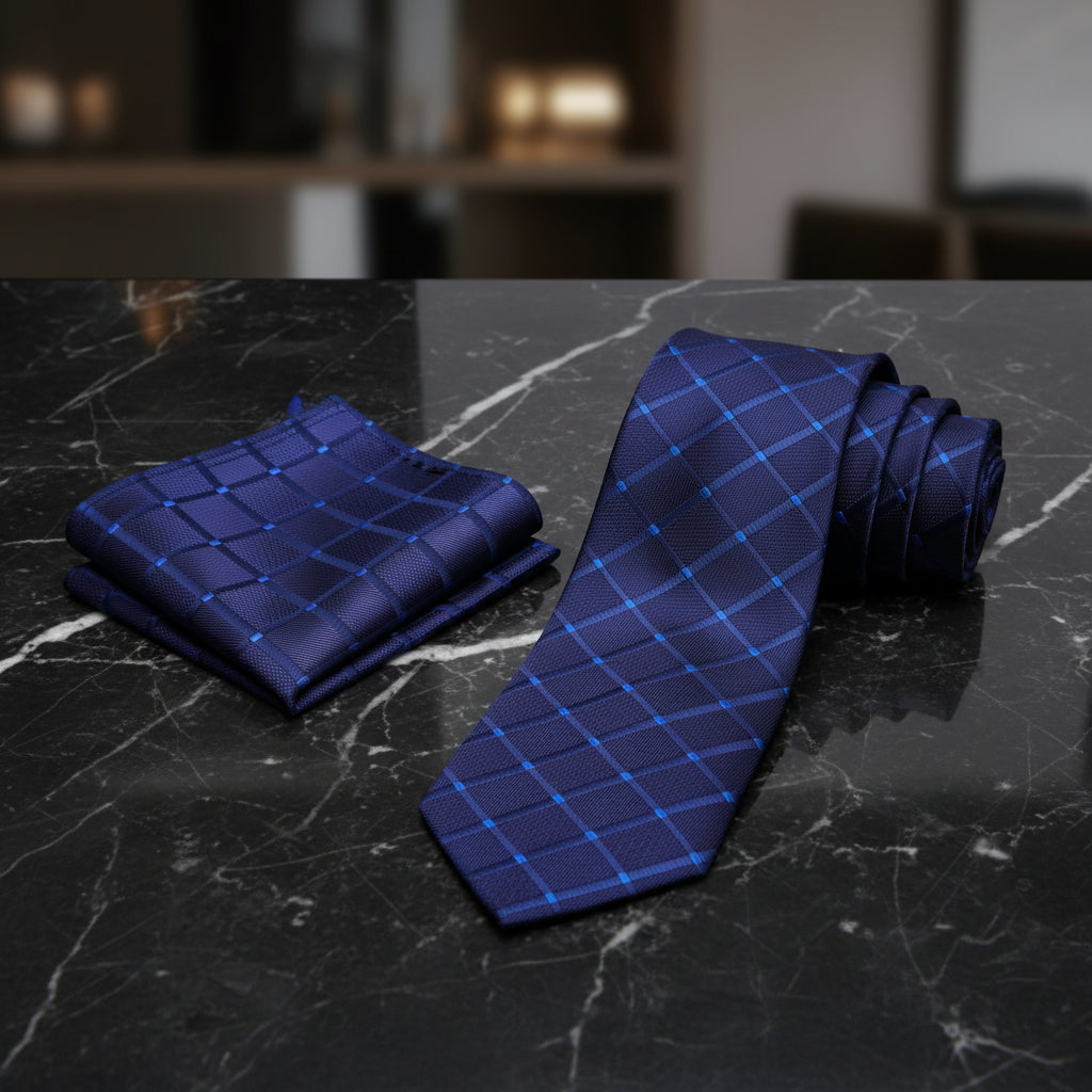 Alt View: Blue Necktie with a Geometric Texture and Matching Square