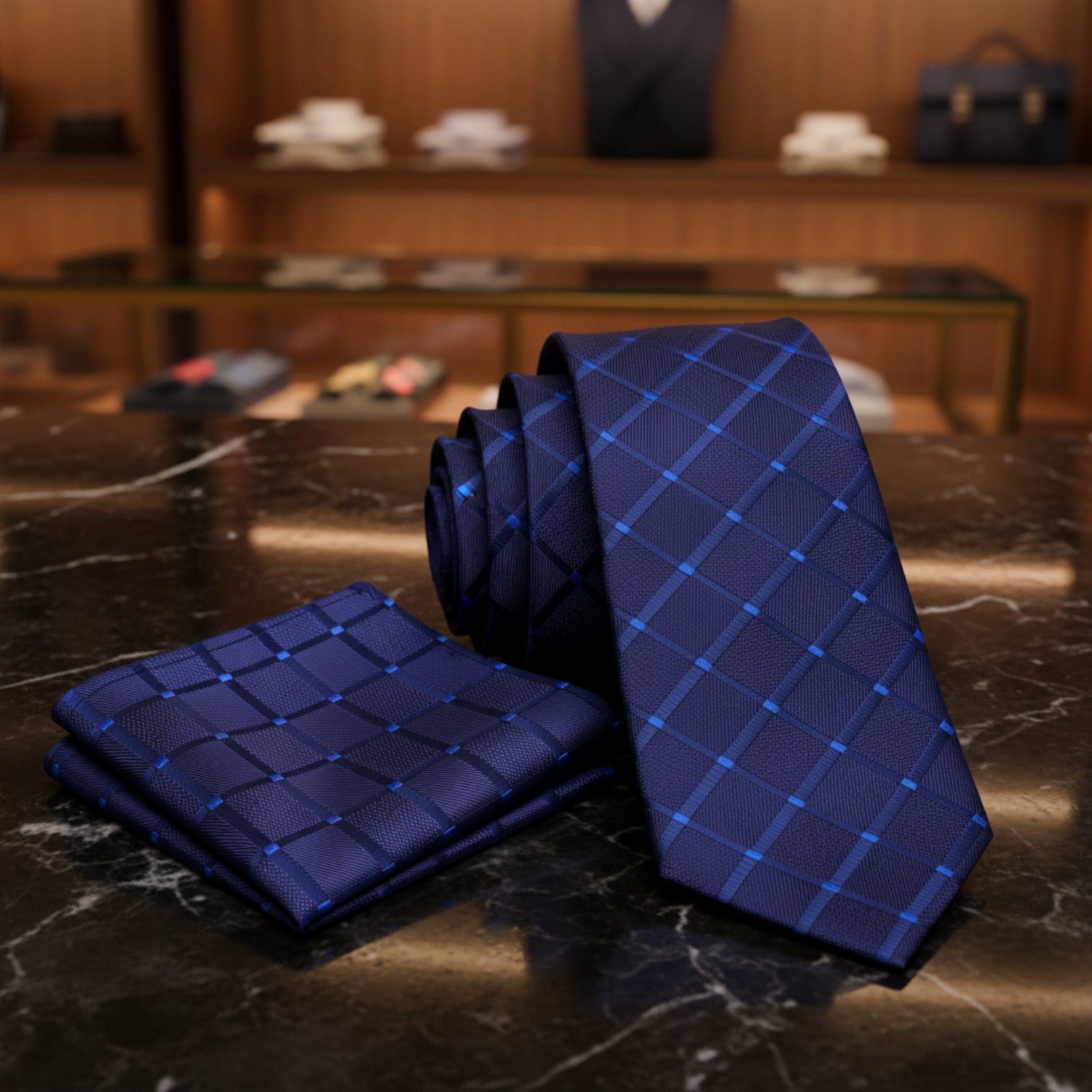 A Deep Blue With Geometric Texture Pattern Necktie, Matching Pocket Square 2
