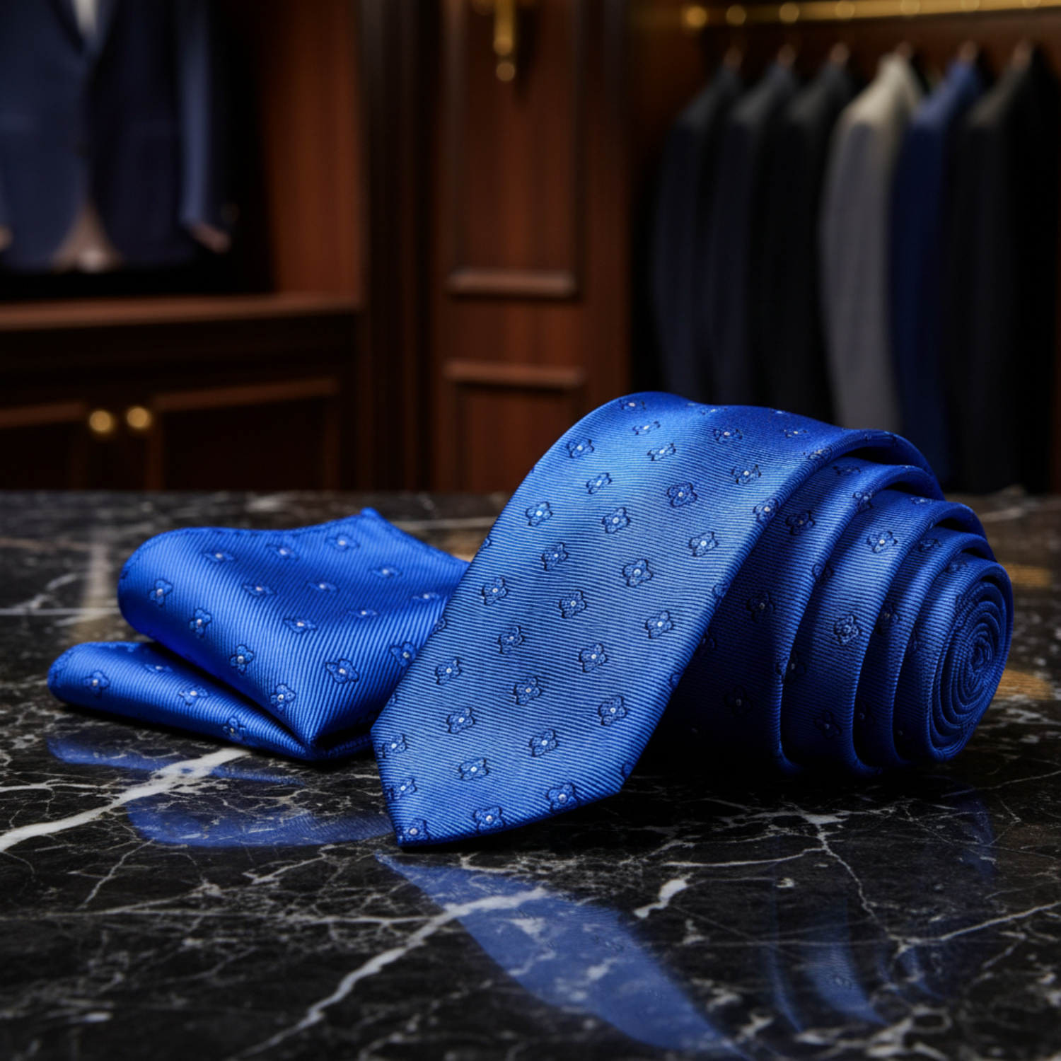 Blue patterned tie and pocket square set o2