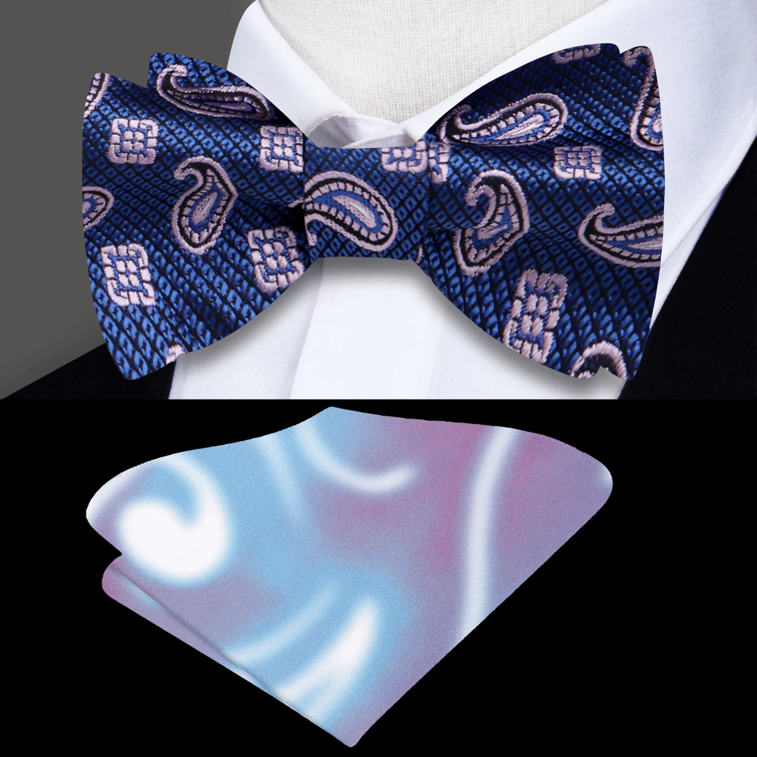 A Deep Blue, Pink Paisley Pattern Self Tie Bow Tie, Accenting Pocket Square