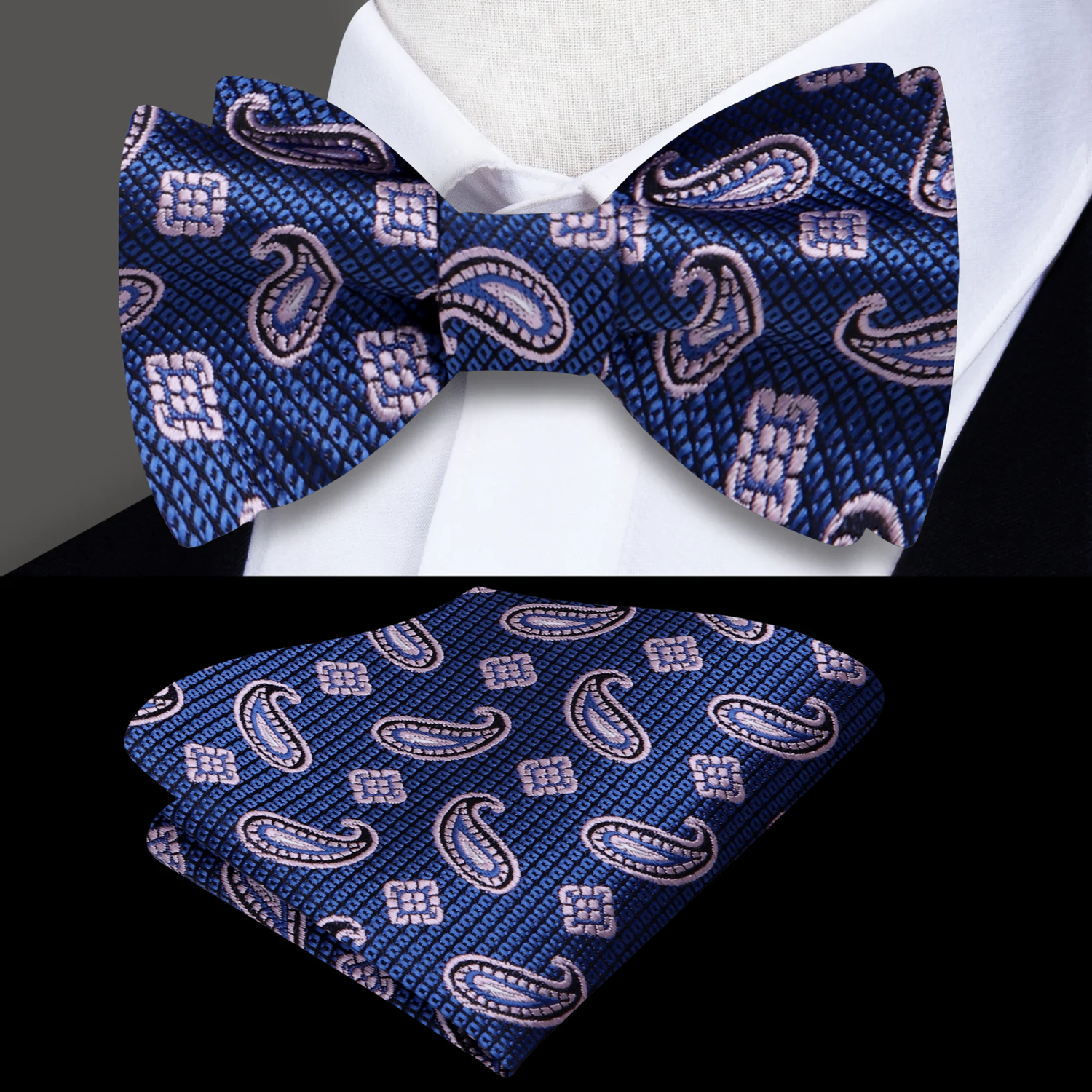 A Deep Blue, Pink Paisley Pattern Self Tie Bow Tie, Matching Pocket Square