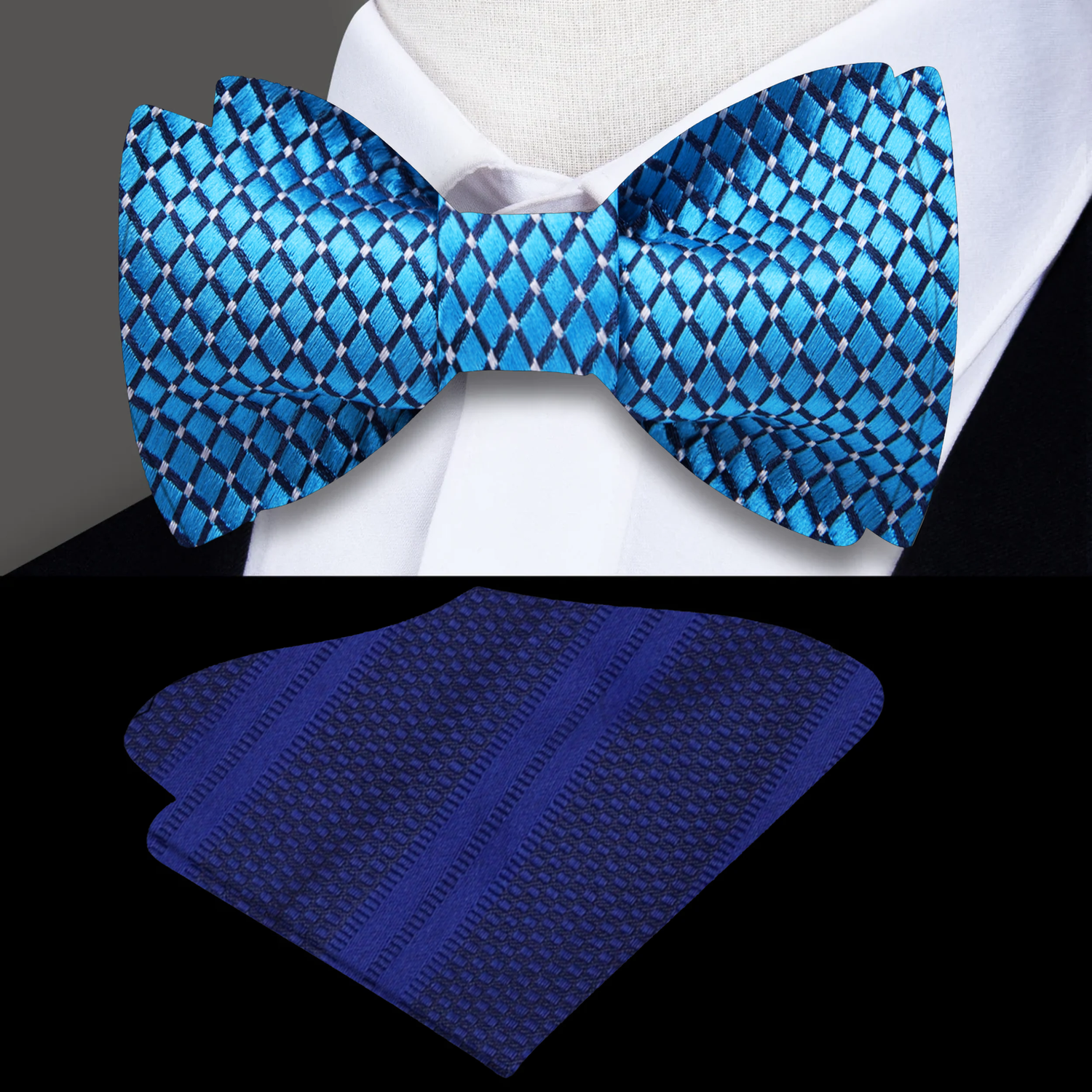 A Light Blue, White Small Geometric Diamond With Small Dots Pattern Self Tie Bow Tie With Pocket Square
